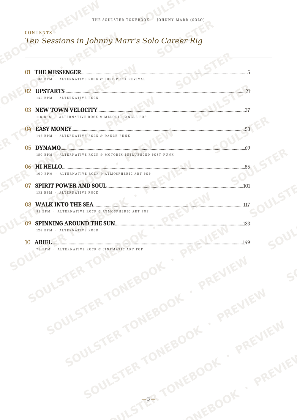 A printed table of contents page from 'The Soulster Concerto' featuring ten sessions of Johnny Marr's solo career gig, with song titles, dates, venues, and page numbers on a white background with diagonal watermark text.