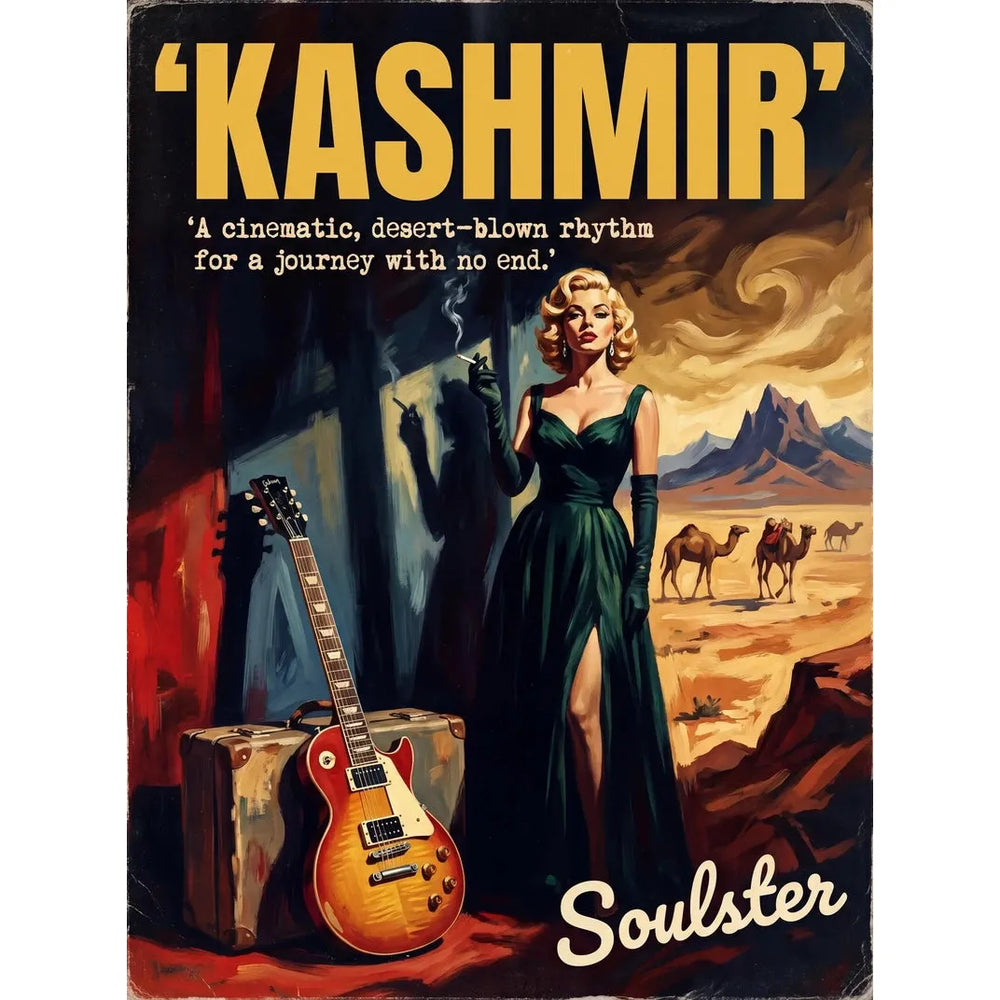 Soulster cinematic vintage pulp book cover art print illustration styled in a classic 1950s design layout inspired by Kashmir.