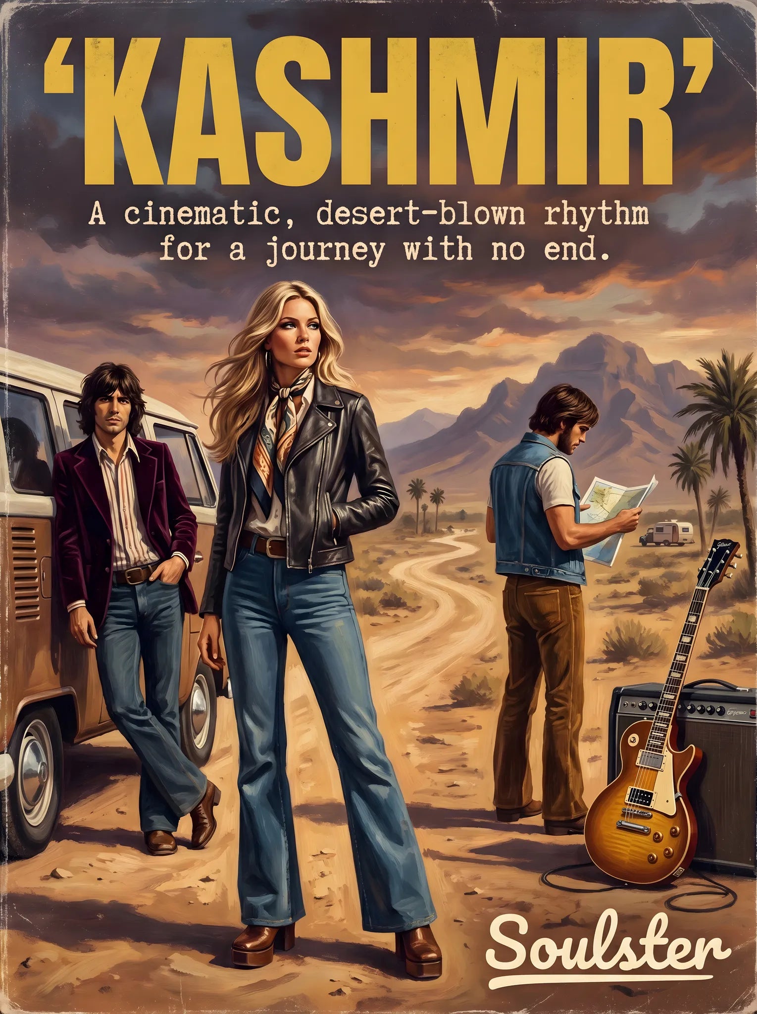 Soulster cinematic vintage pulp book cover art print illustration styled in a classic 1970s design layout inspired by Kashmir.