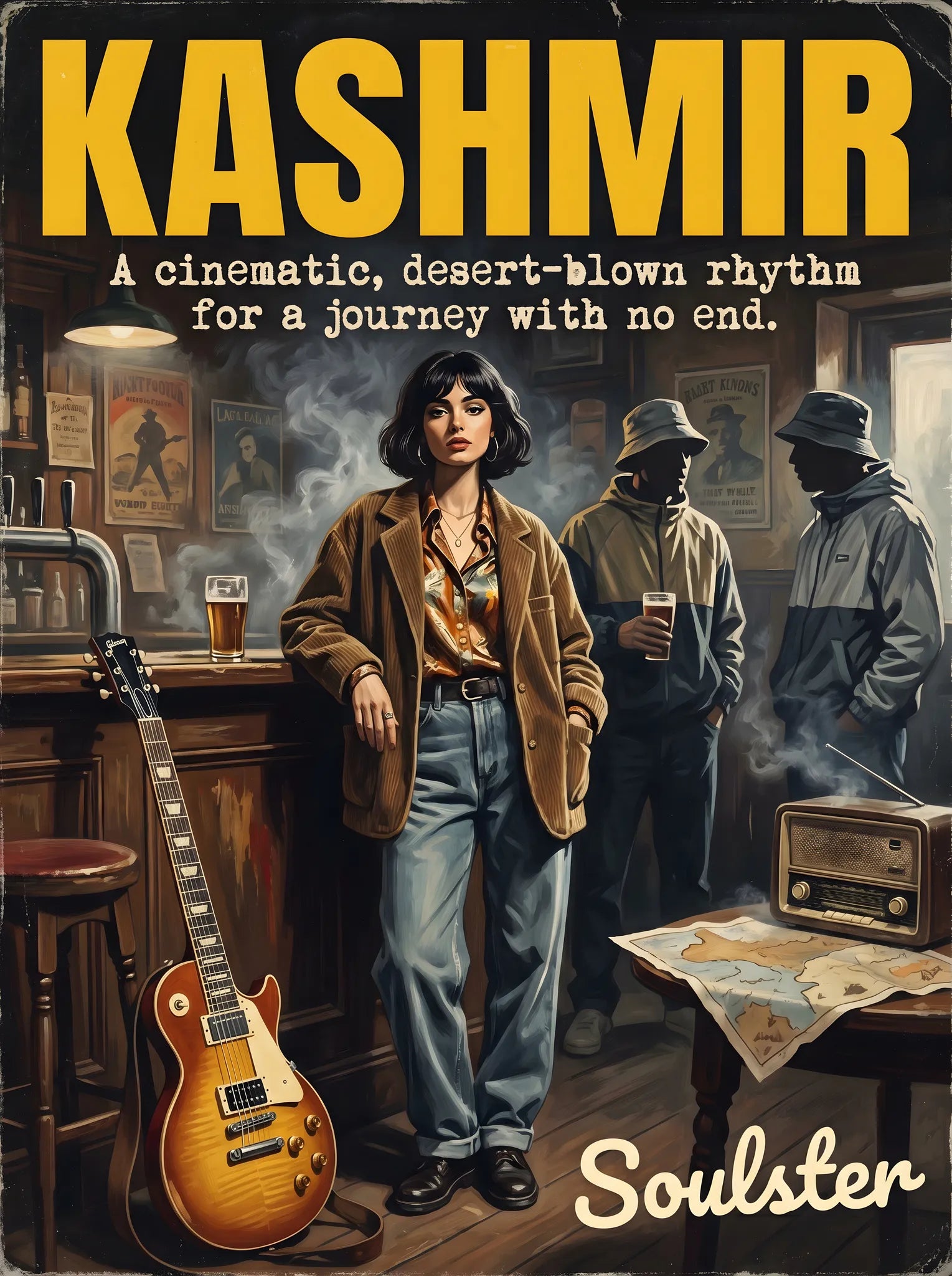Soulster cinematic vintage pulp book cover art print illustration styled in a classic 1990s design layout inspired by Kashmir.