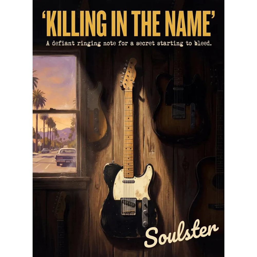 Soulster Manchester Edition wall art print showing a cinematic pulp style design of a Vintage Guitar inspired by Killing In The Name - Los Angeles.