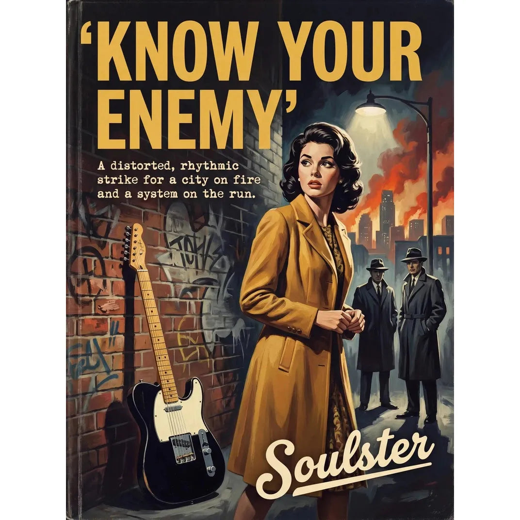 Soulster cinematic vintage pulp book cover art print illustration styled in a classic 1960s design layout inspired by Know Your Enemy.