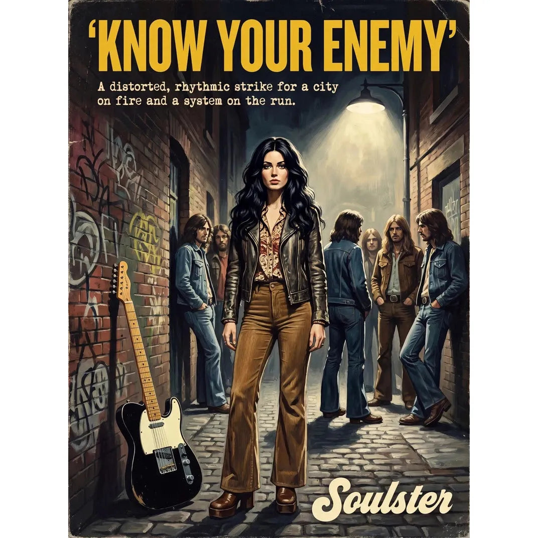 Soulster cinematic vintage pulp book cover art print illustration styled in a classic 1970s design layout inspired by Know Your Enemy.