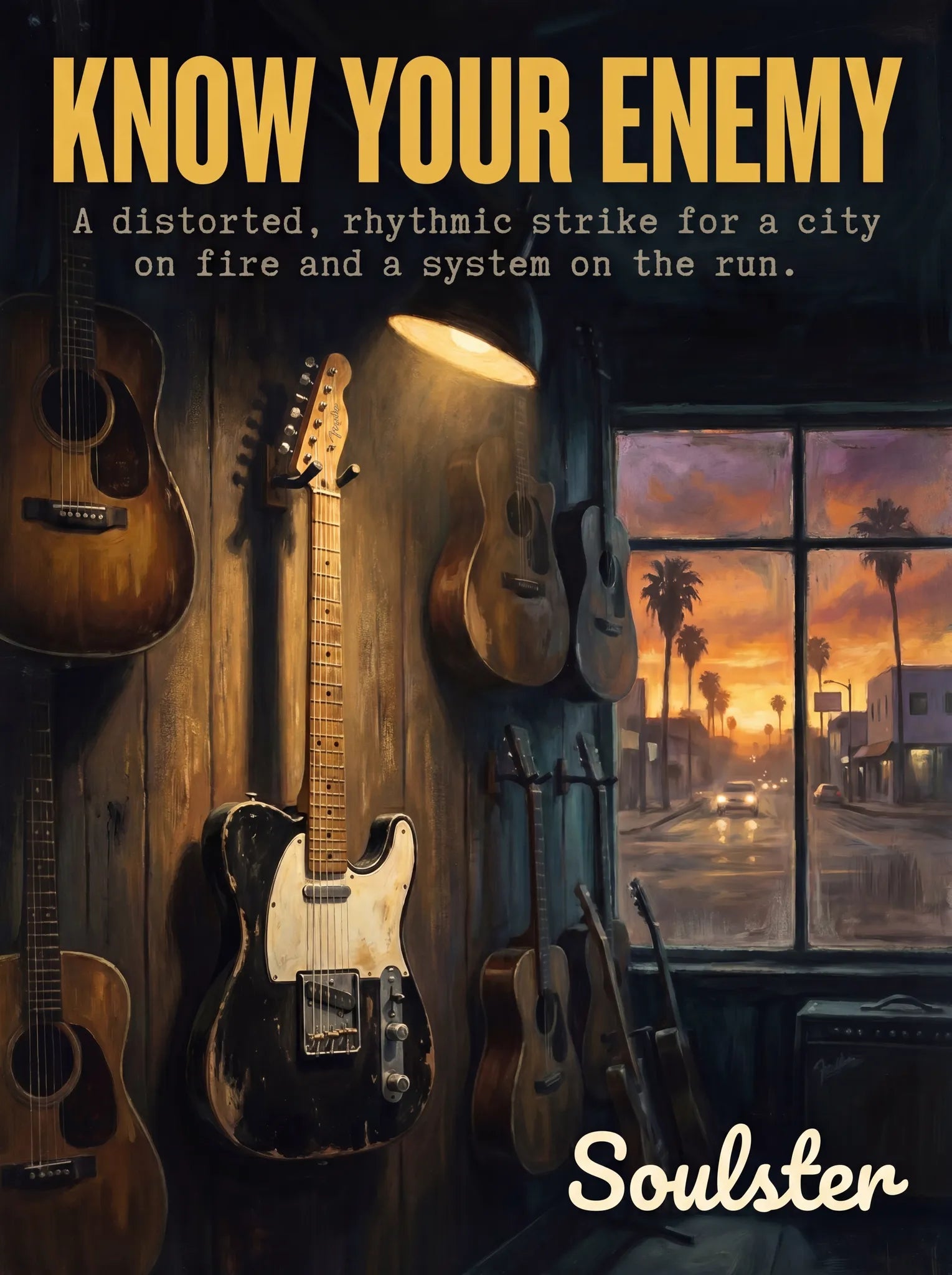 Soulster Manchester Edition wall art print showing a cinematic pulp style design of a Vintage Guitar inspired by Know Your Enemy - Los Angeles.
