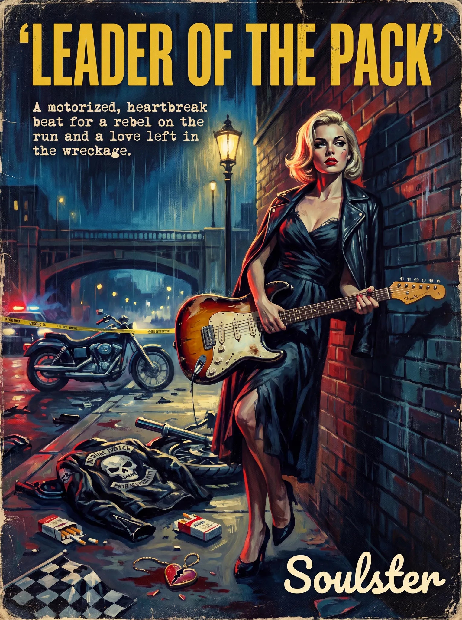 Soulster cinematic vintage pulp book cover art print illustration styled in a classic 1950s theme inspired by Leader Of The Pack.