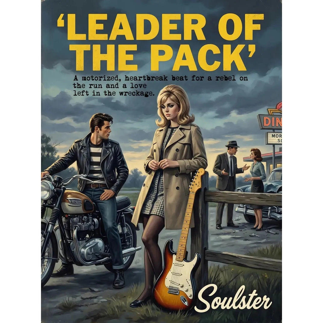 Soulster cinematic vintage pulp book cover art print illustration styled in a classic 1960s theme inspired by Leader Of The Pack.