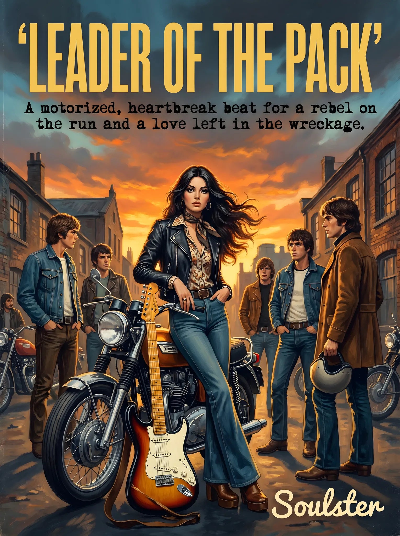 Soulster cinematic vintage pulp book cover art print illustration styled in a classic 1970s theme inspired by Leader Of The Pack.