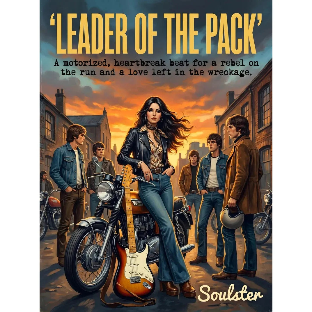 Soulster cinematic vintage pulp book cover art print illustration styled in a classic 1970s theme inspired by Leader Of The Pack.