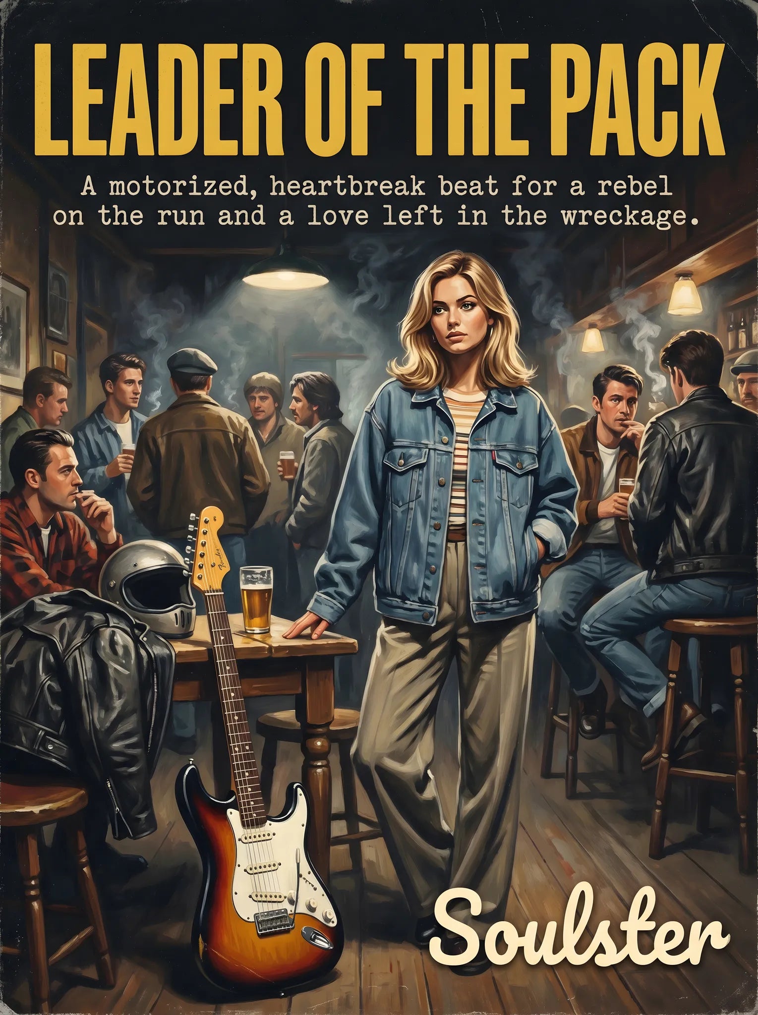 Soulster cinematic vintage pulp book cover art print illustration styled in a classic 1990s theme inspired by Leader Of The Pack.