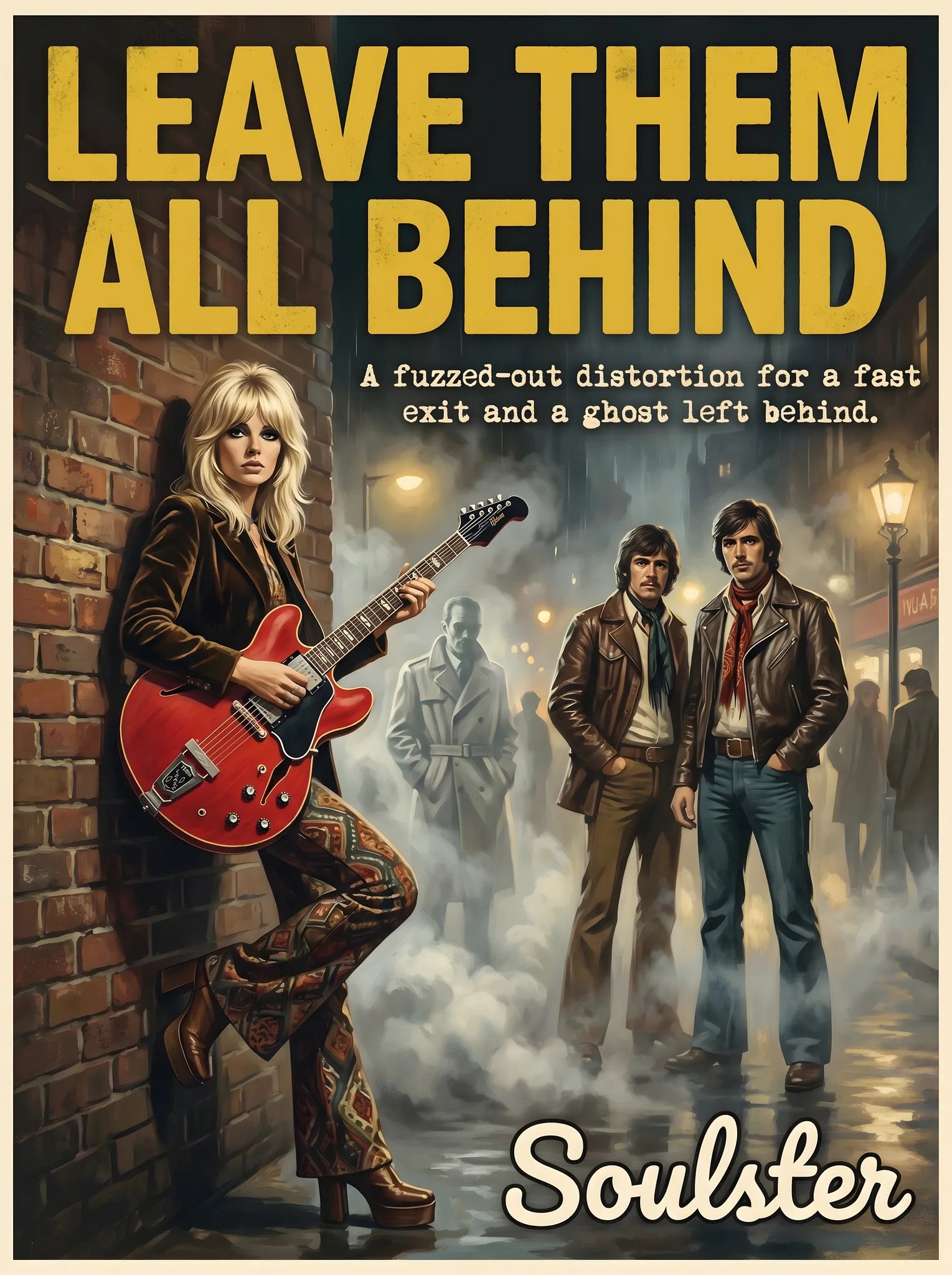 Soulster cinematic vintage pulp book cover art print illustration styled in a classic 1970s design layout inspired by Leave Them All Behind.