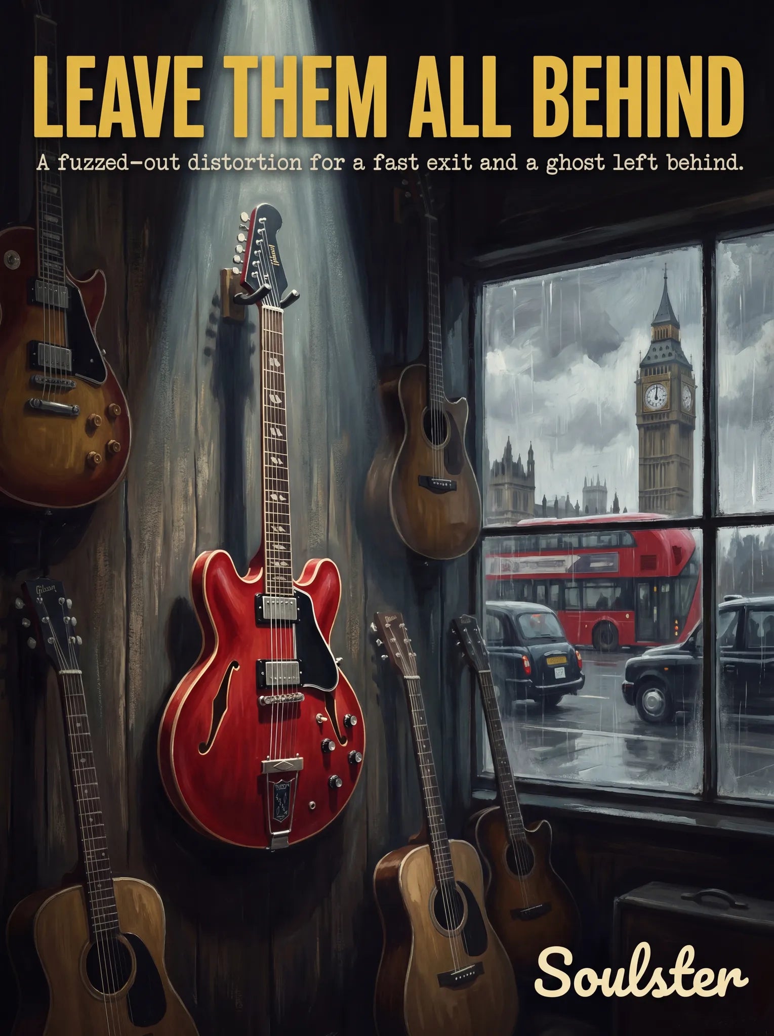 Soulster Manchester Edition wall art print showing a cinematic pulp style design of a Vintage Guitar inspired by Leave Them All Behind - London.