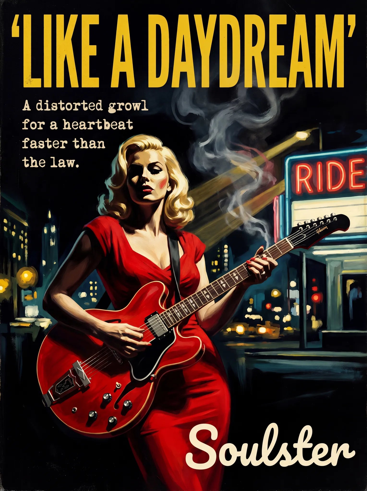 Soulster cinematic vintage pulp book cover art print illustration styled in a classic 1950s design layout inspired by Like A Daydream.