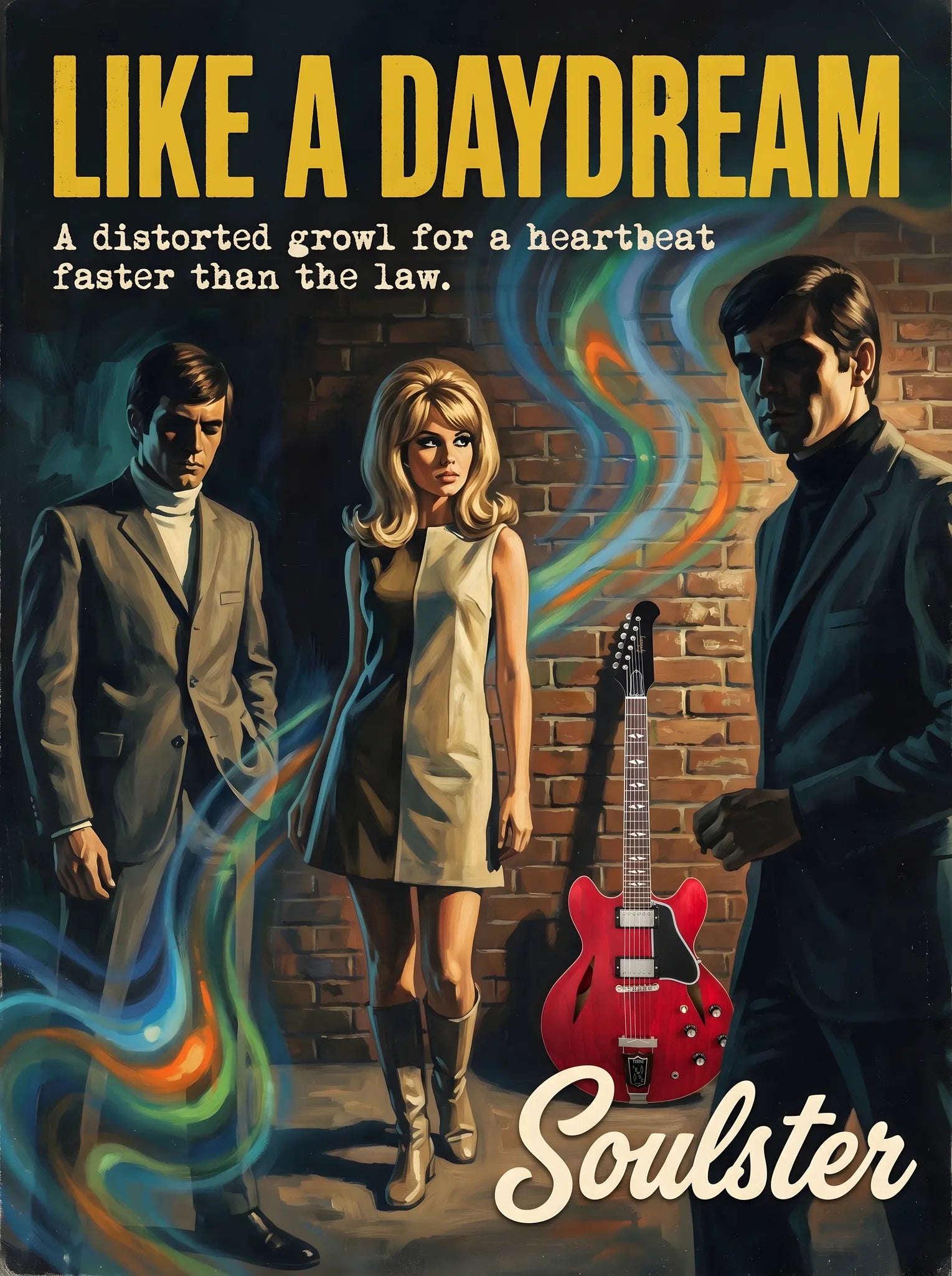 Soulster cinematic vintage pulp book cover art print illustration styled in a classic 1960s design layout inspired by Like A Daydream.