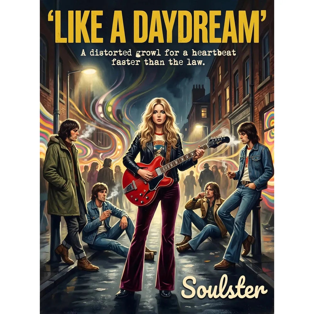Soulster cinematic vintage pulp book cover art print illustration styled in a classic 1970s design layout inspired by Like A Daydream.