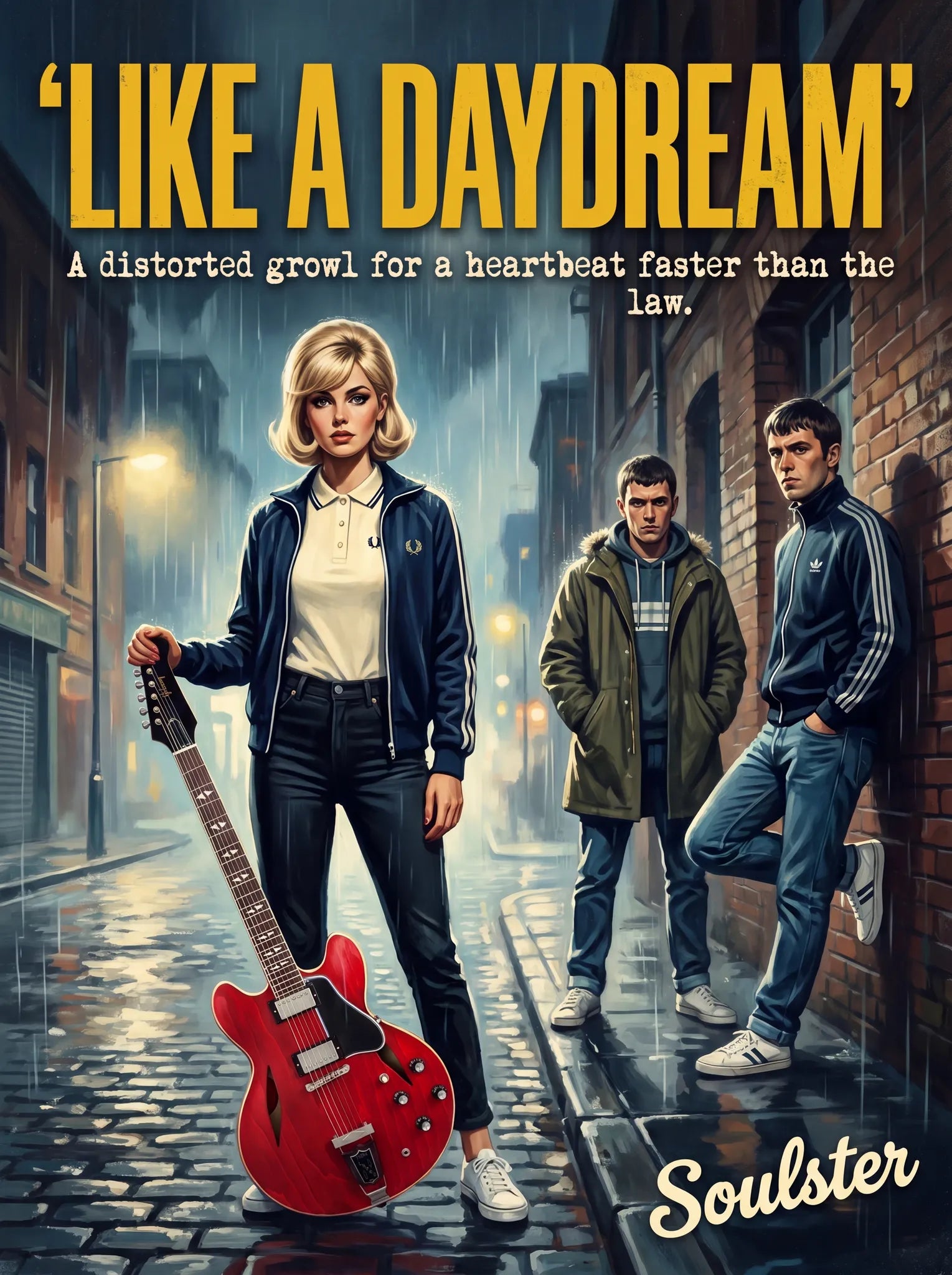 Soulster retro pulp thriller book cover style art print illustration inspired by Alternative Indie - Like A Daydream.