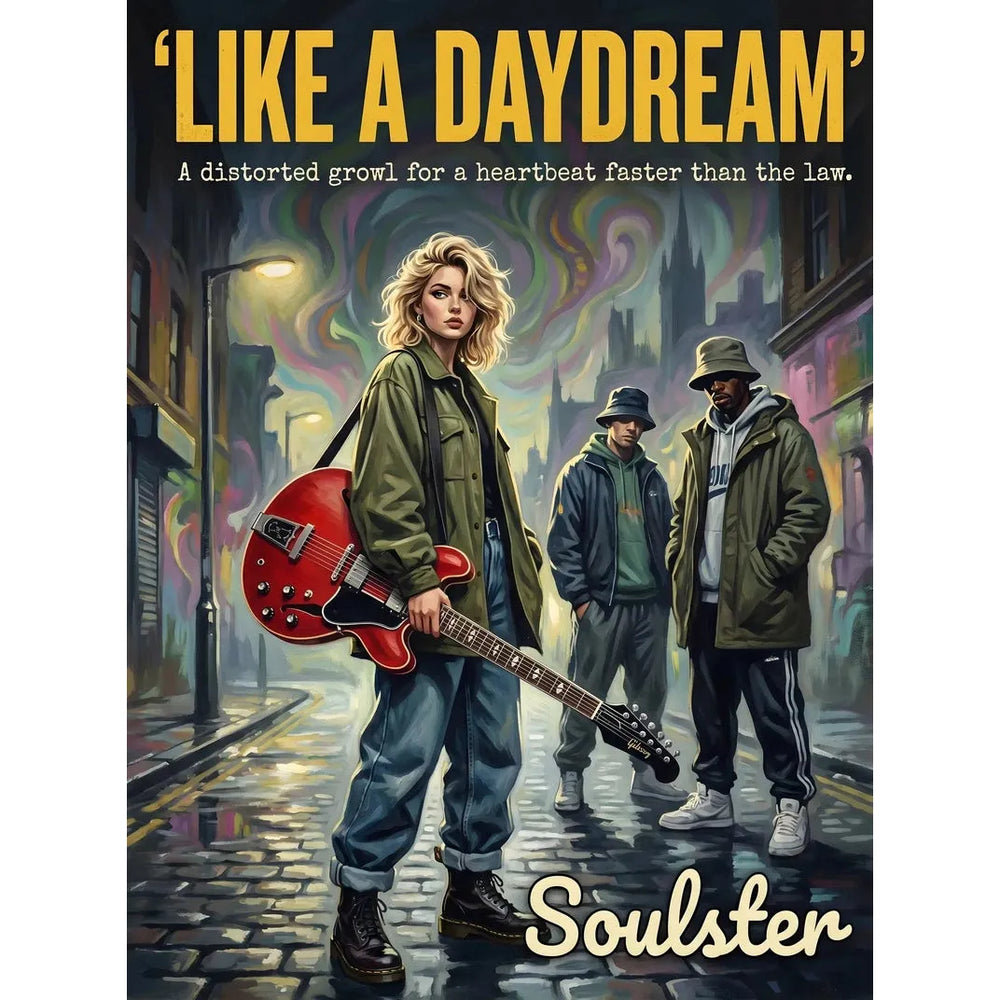 Soulster cinematic vintage pulp book cover art print illustration styled in a classic 1990s design layout inspired by Like A Daydream.