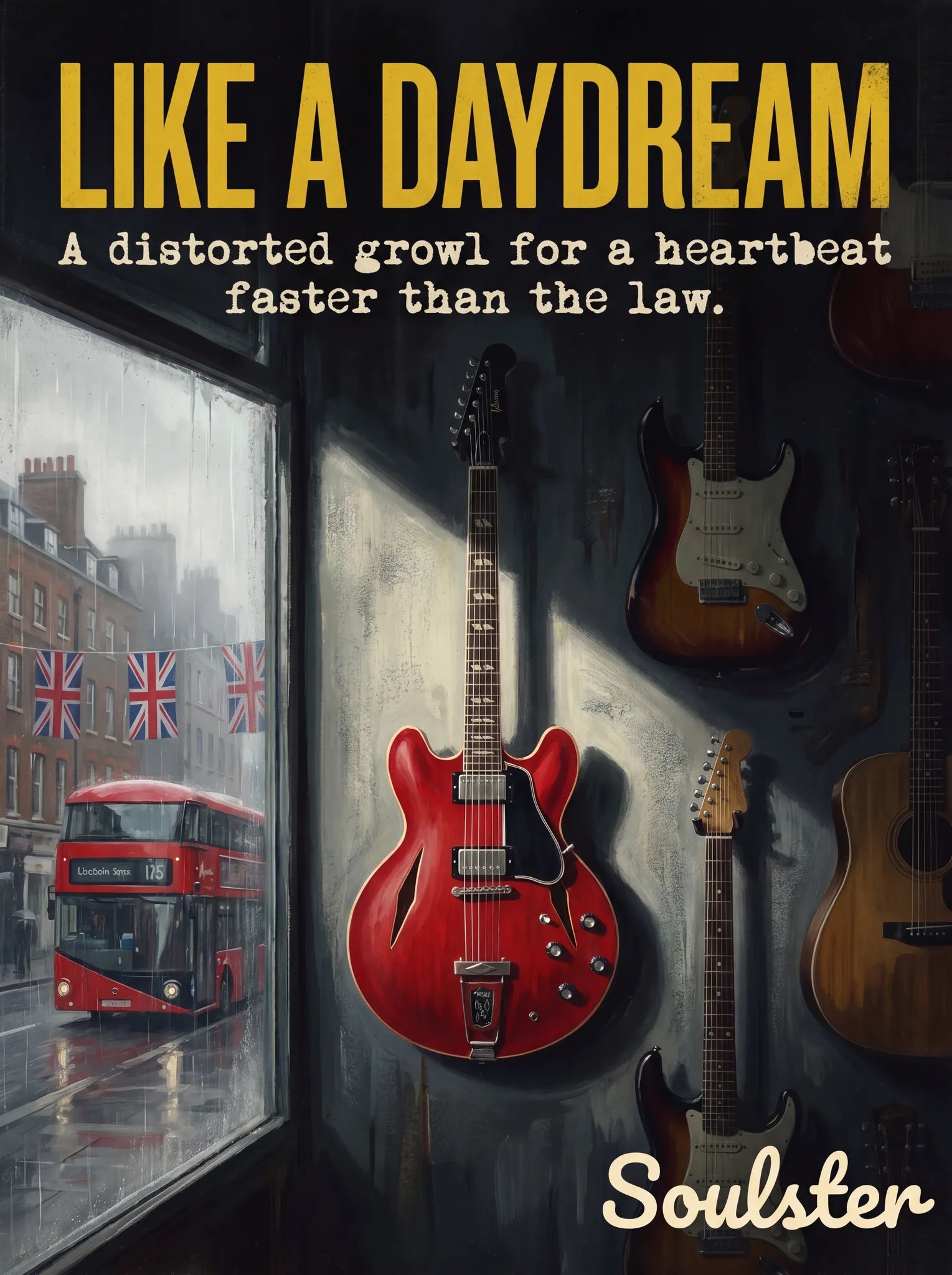 Soulster Manchester Edition wall art print showing a cinematic pulp style design of a Vintage Guitar inspired by Like A Daydream - London.