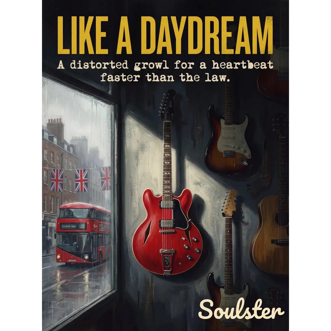 Soulster Manchester Edition wall art print showing a cinematic pulp style design of a Vintage Guitar inspired by Like A Daydream - London.