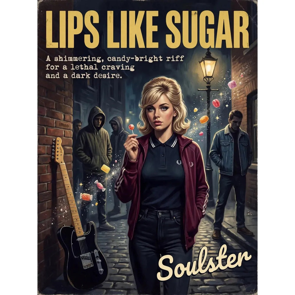 Soulster retro pulp thriller book cover style art print illustration inspired by Alternative Indie - Lips Like Sugar.