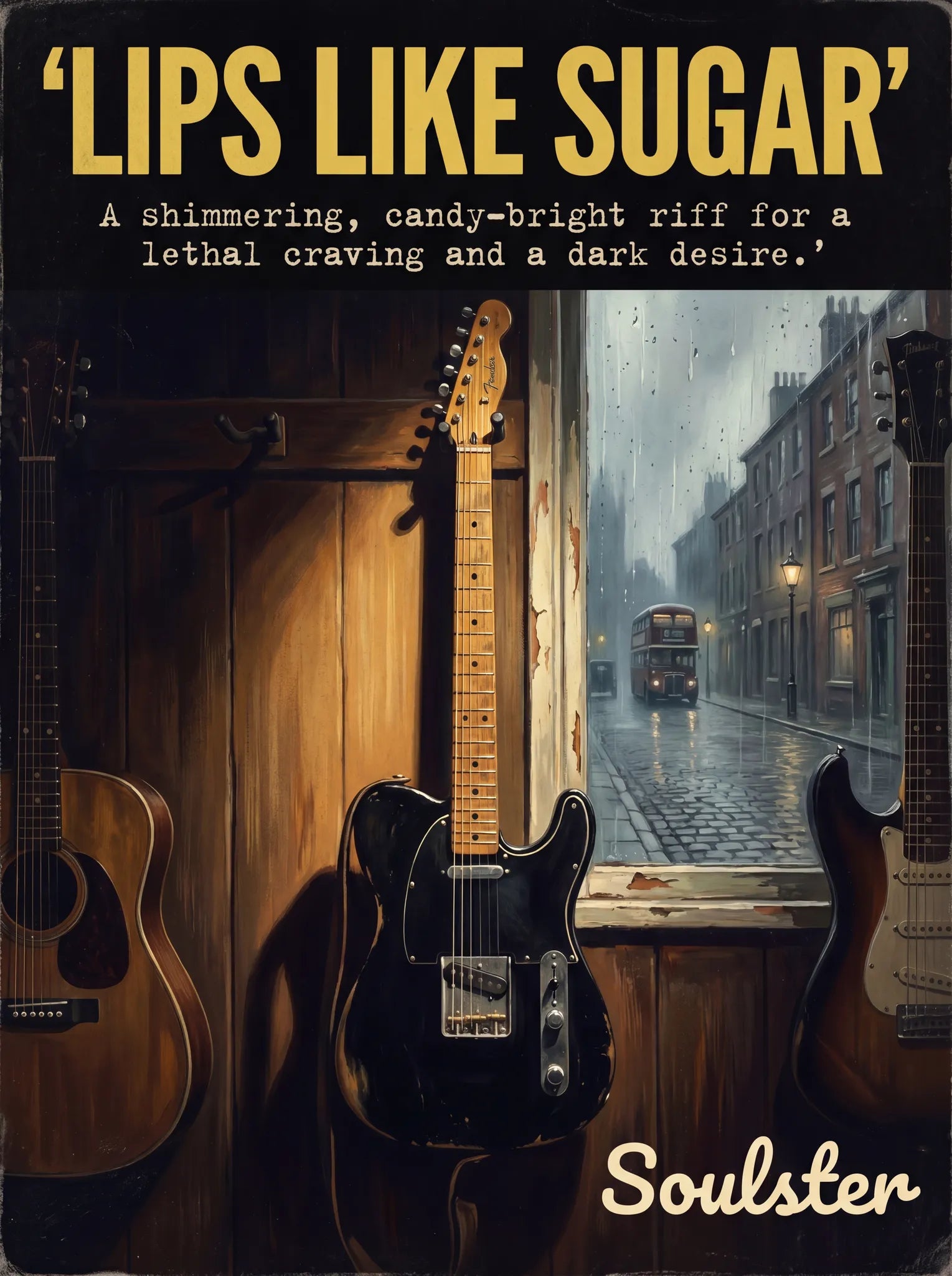 Soulster Manchester Edition wall art print showing a cinematic pulp style design of a Vintage Guitar inspired by Lips Like Sugar - Liverpool.
