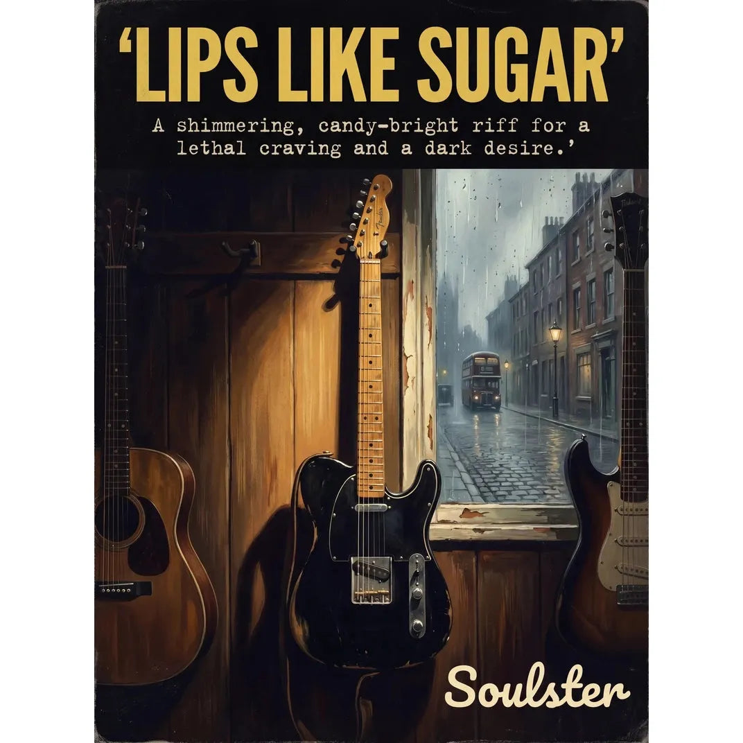 Soulster Manchester Edition wall art print showing a cinematic pulp style design of a Vintage Guitar inspired by Lips Like Sugar - Liverpool.
