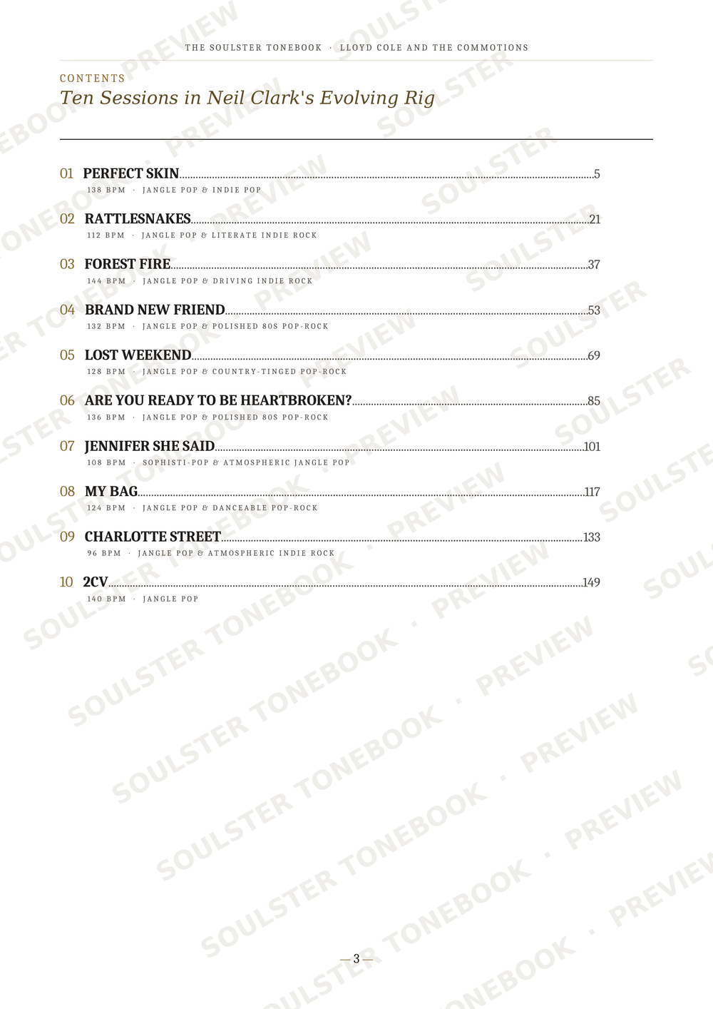 A printed page from a songbook or album booklet showing a contents list titled 'Ten Sessions in Neil Clark's Evolving Rig' with track titles, page numbers, and repeated 'SOULSTER TONEBOOK' watermarks across the page.