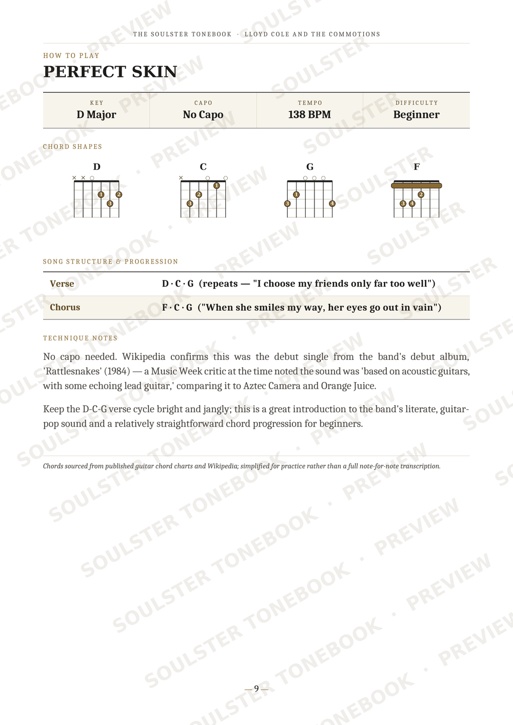A guitar chord chart titled 'PERFECT SKIN' from Soulster Tonebook, showing D Major chords for verses and G major chords for choruses, with chord diagrams, song structure, and lyrics.