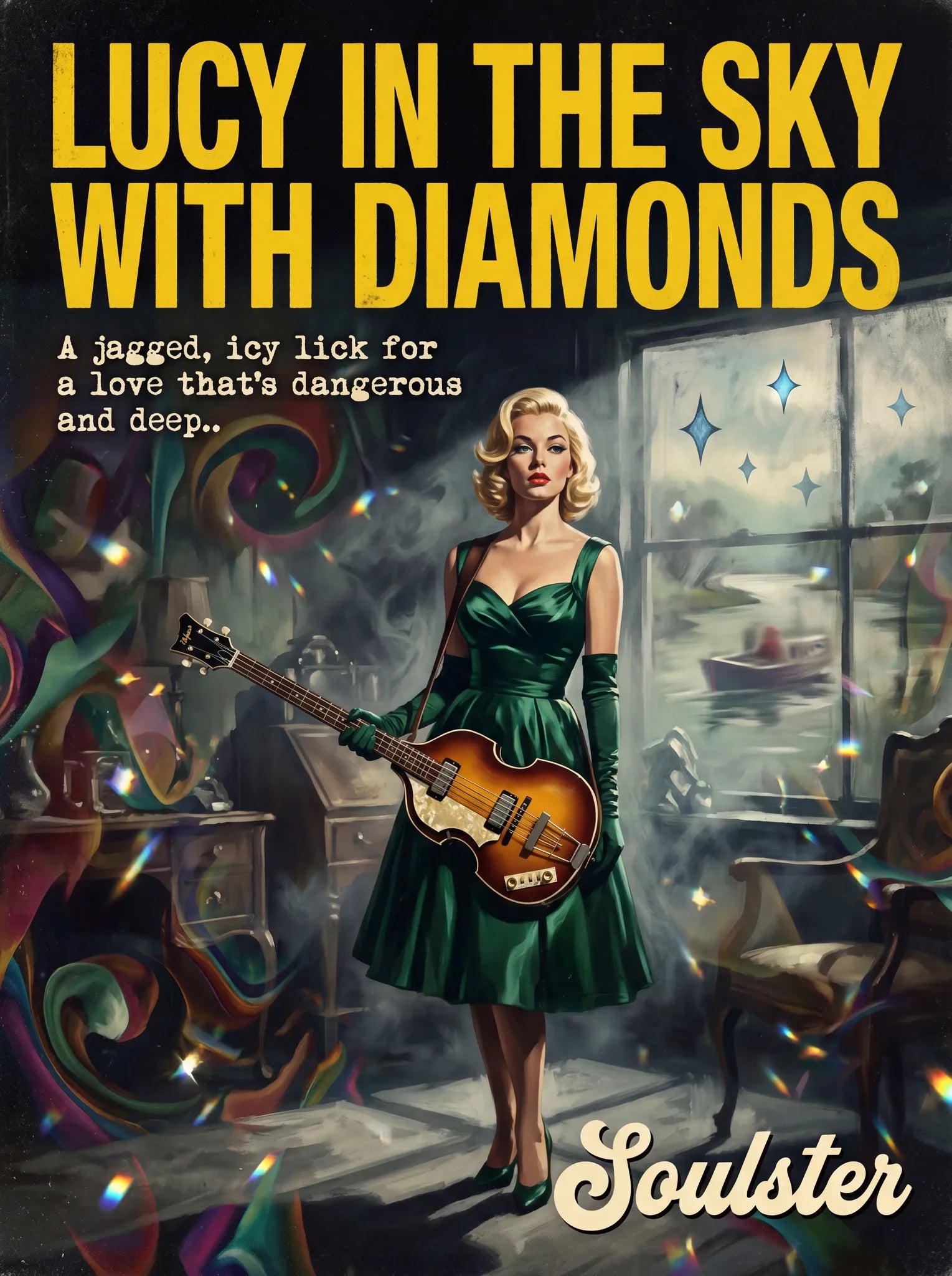 Soulster cinematic vintage pulp book cover art print illustration styled in a classic 1950s design layout inspired by Lucy In The Sky With Diamonds.