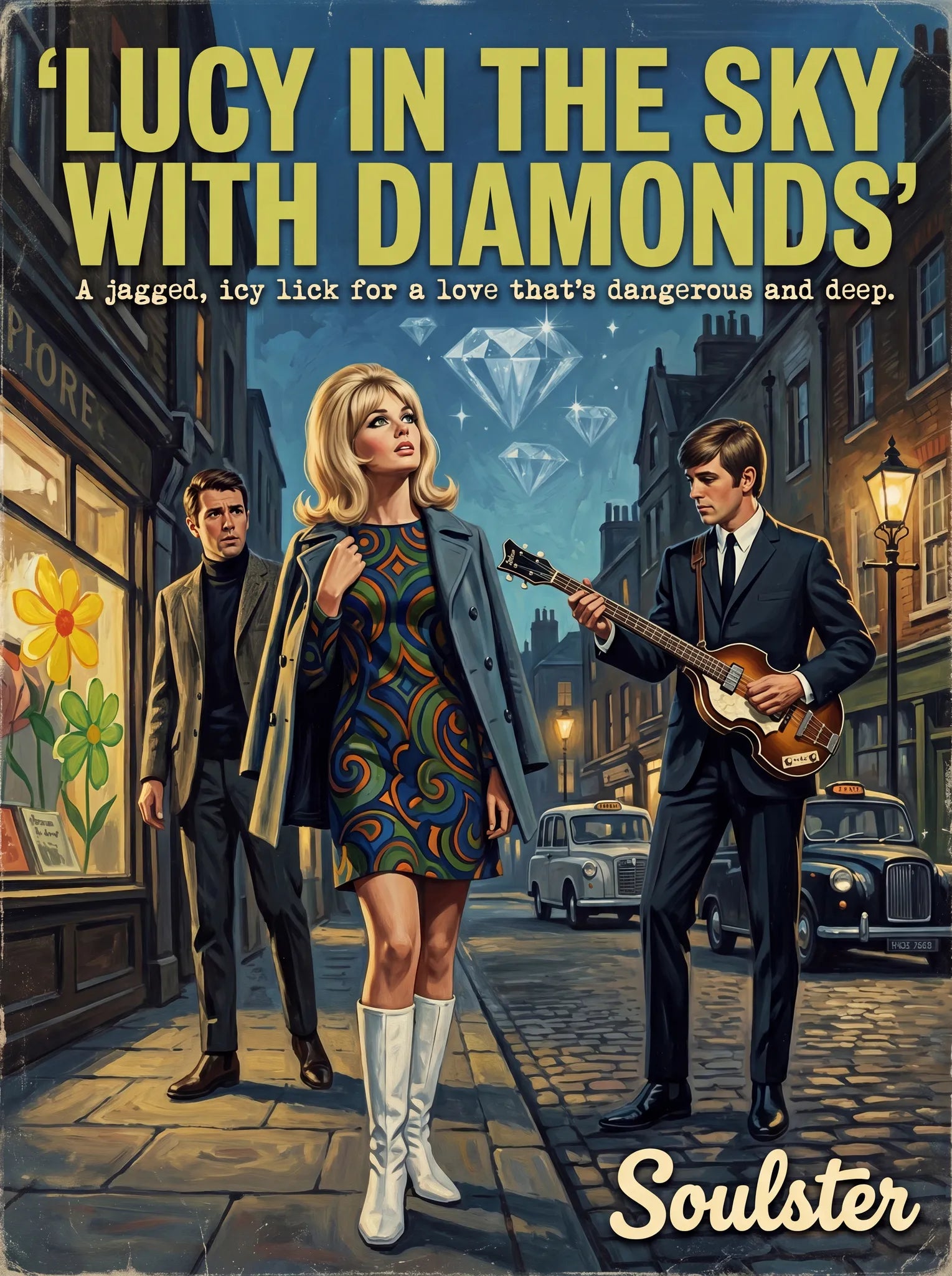 Soulster cinematic vintage pulp book cover art print illustration styled in a classic 1960s design layout inspired by Lucy In The Sky With Diamonds.