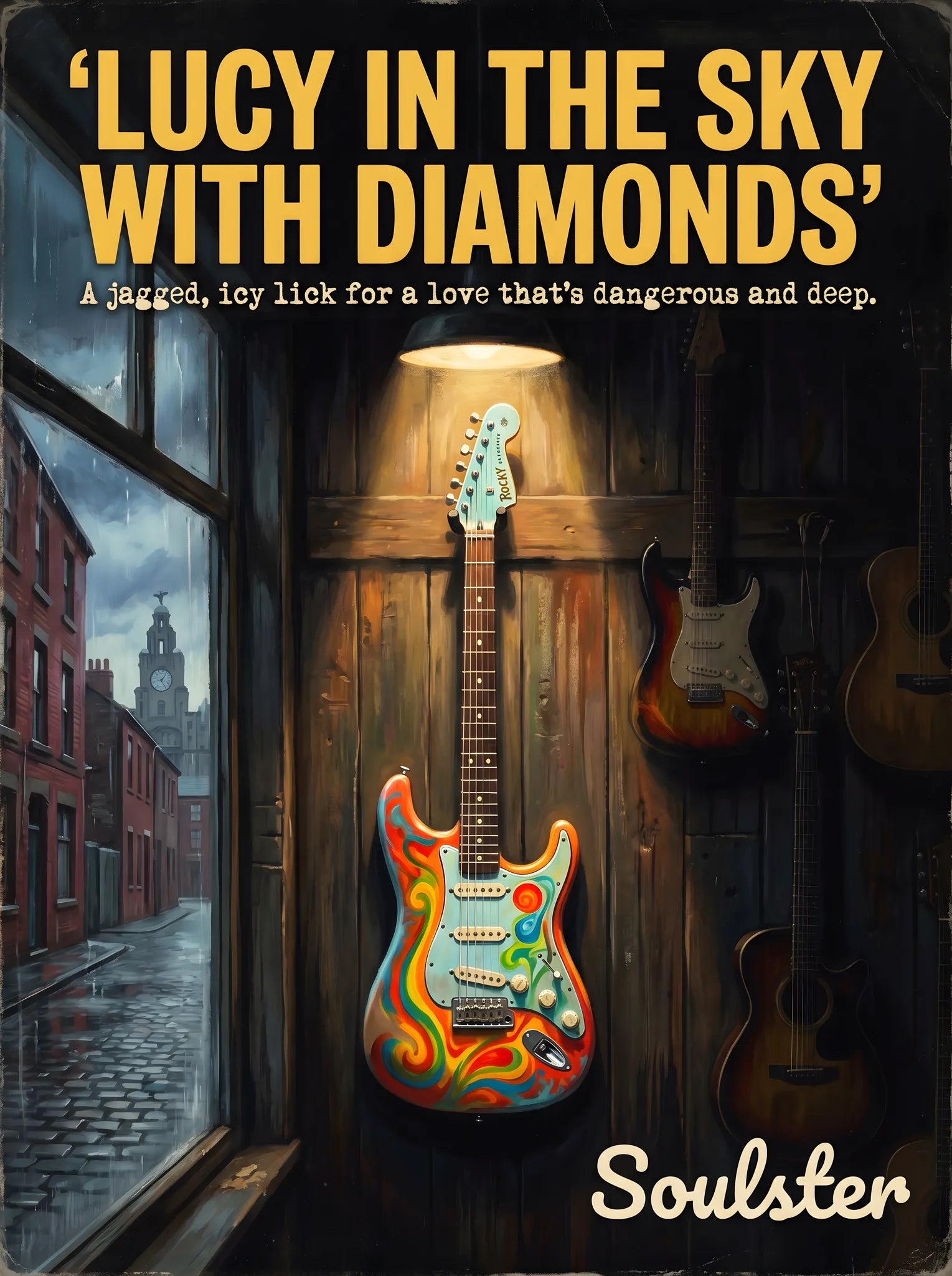 Soulster Manchester Edition wall art print showing a cinematic pulp style design of a Vintage Guitar inspired by Lucy In The Sky With Diamonds - Liverpool.