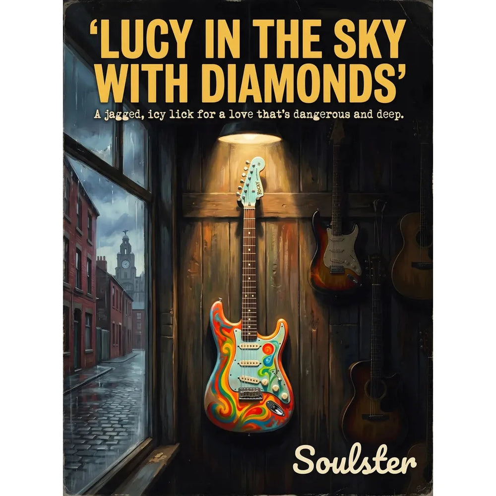 Soulster Manchester Edition wall art print showing a cinematic pulp style design of a Vintage Guitar inspired by Lucy In The Sky With Diamonds - Liverpool.