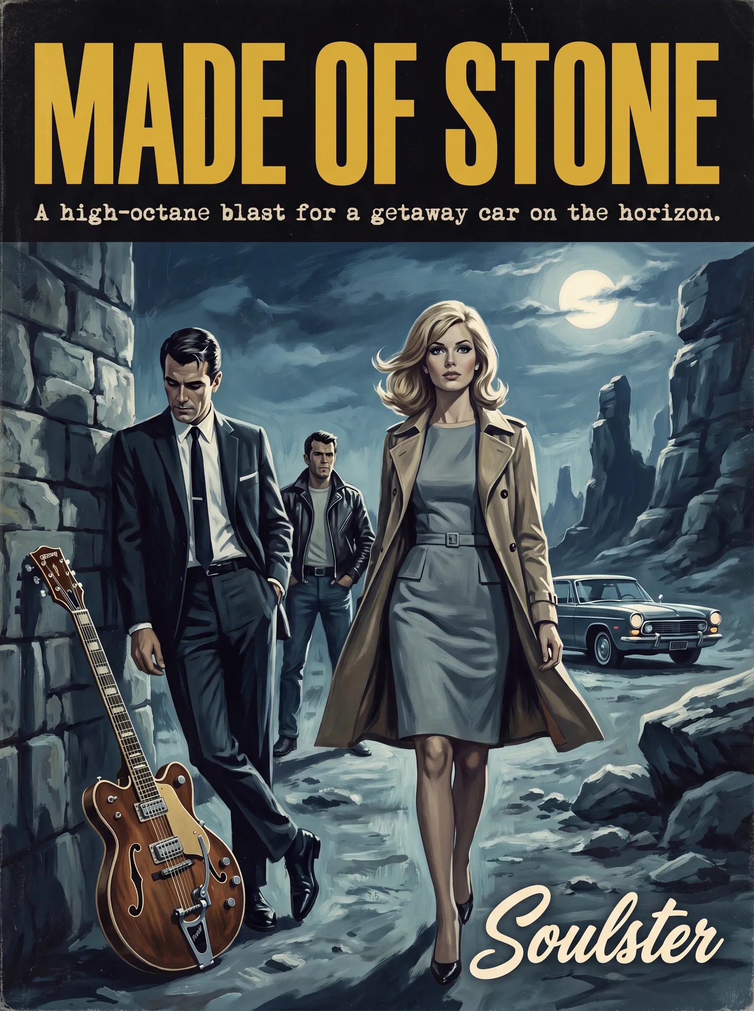 Soulster cinematic vintage pulp book cover art print illustration styled in a classic 1960s design layout inspired by Made Of Stone.