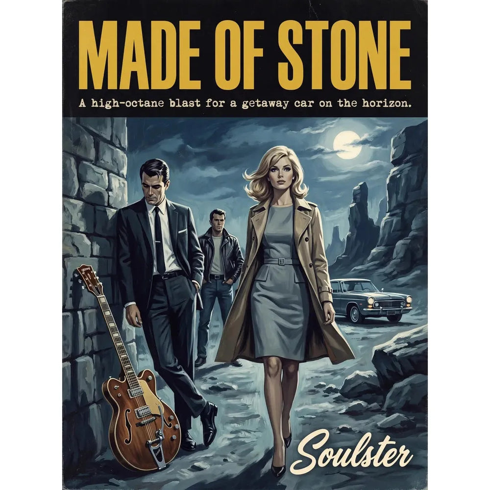 Soulster cinematic vintage pulp book cover art print illustration styled in a classic 1960s design layout inspired by Made Of Stone.