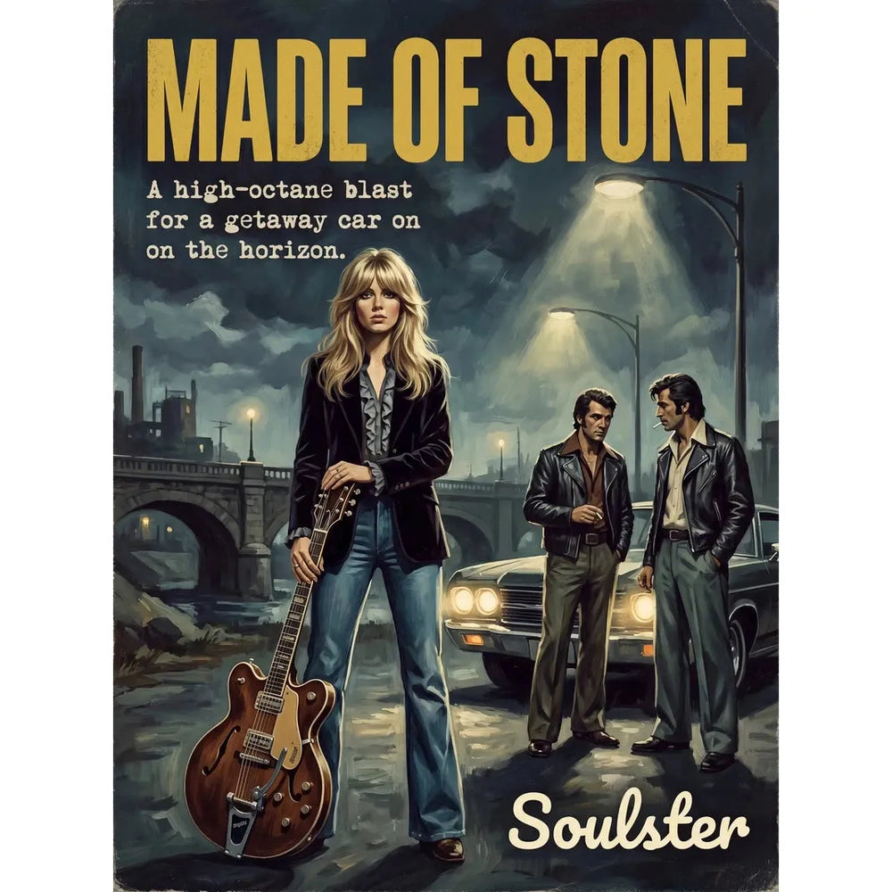 Soulster cinematic vintage pulp book cover art print illustration styled in a classic 1970s design layout inspired by Made Of Stone.