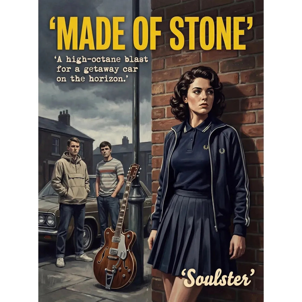 Soulster retro pulp thriller book cover style art print illustration inspired by The Stone Roses - Made Of Stone.
