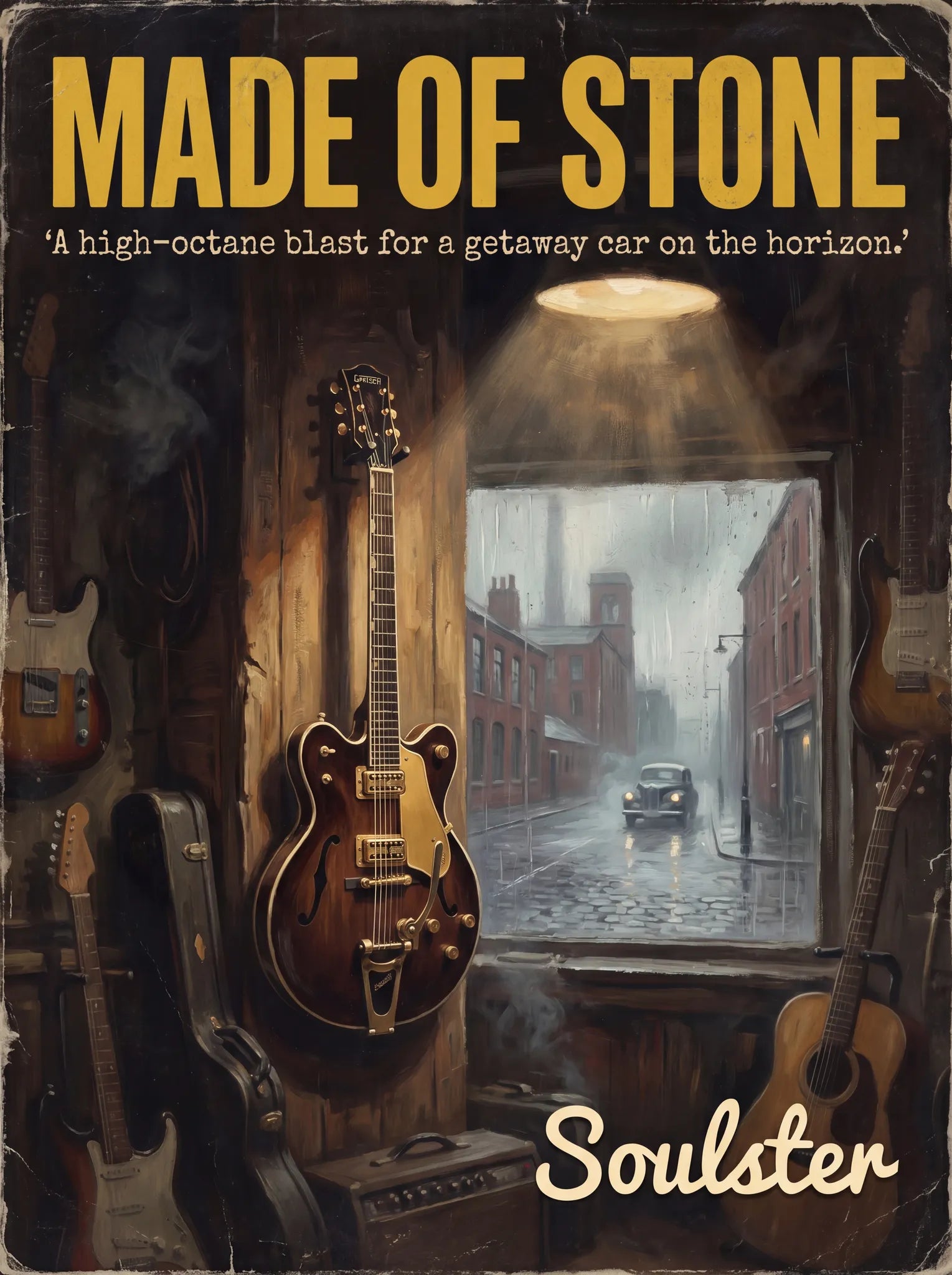 Soulster Manchester Edition wall art print showing a cinematic pulp style design of a Vintage Guitar inspired by Made Of Stone.