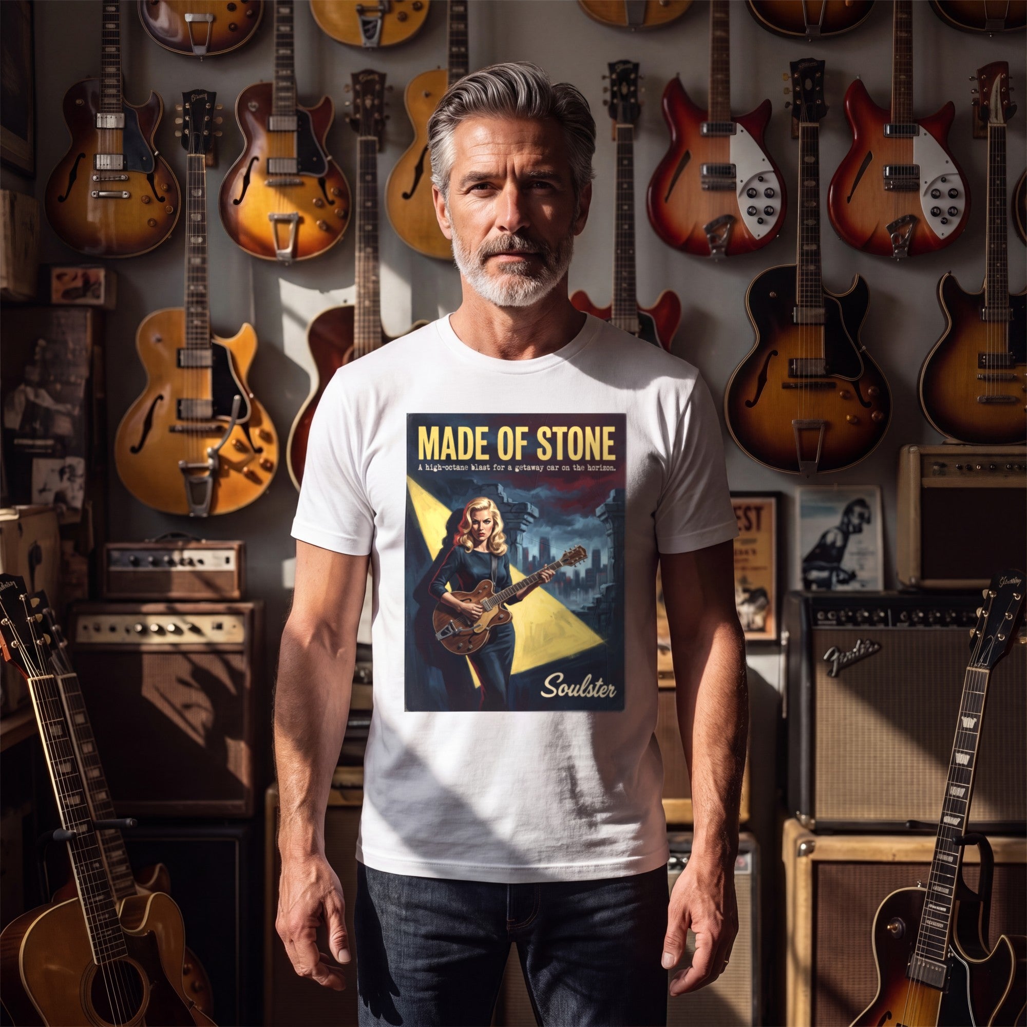 Man wearing the Made Of Stone T-Shirt - Film Noir Edition in a guitar shop in natural daylight.