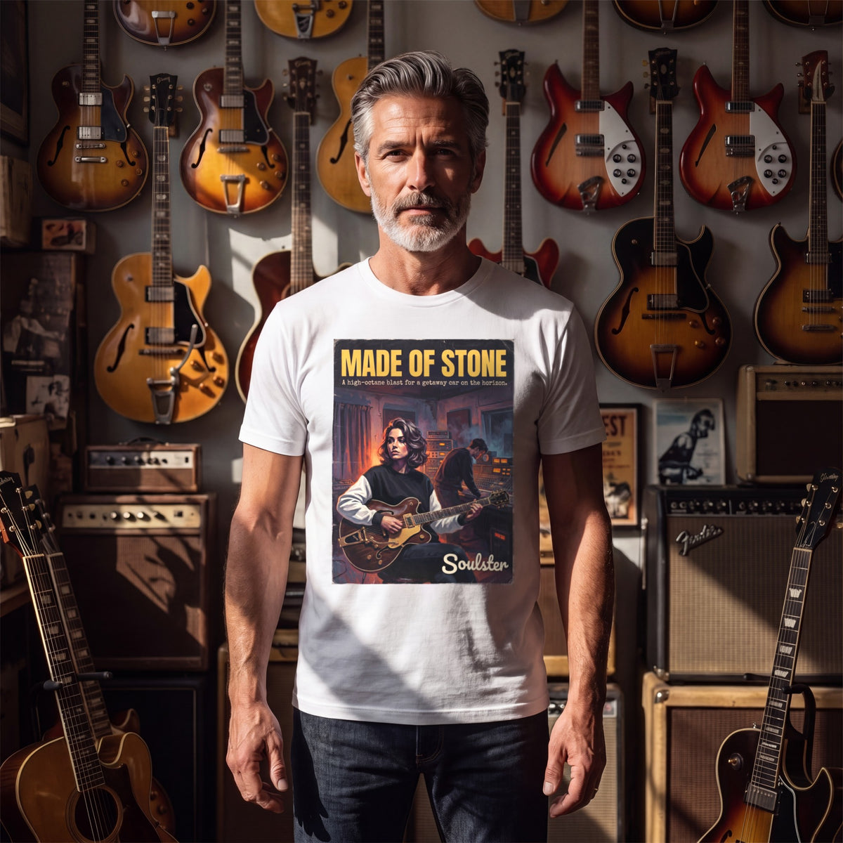 Man wearing the Made Of Stone T-Shirt - Studio Life Edition in a guitar shop in natural daylight.