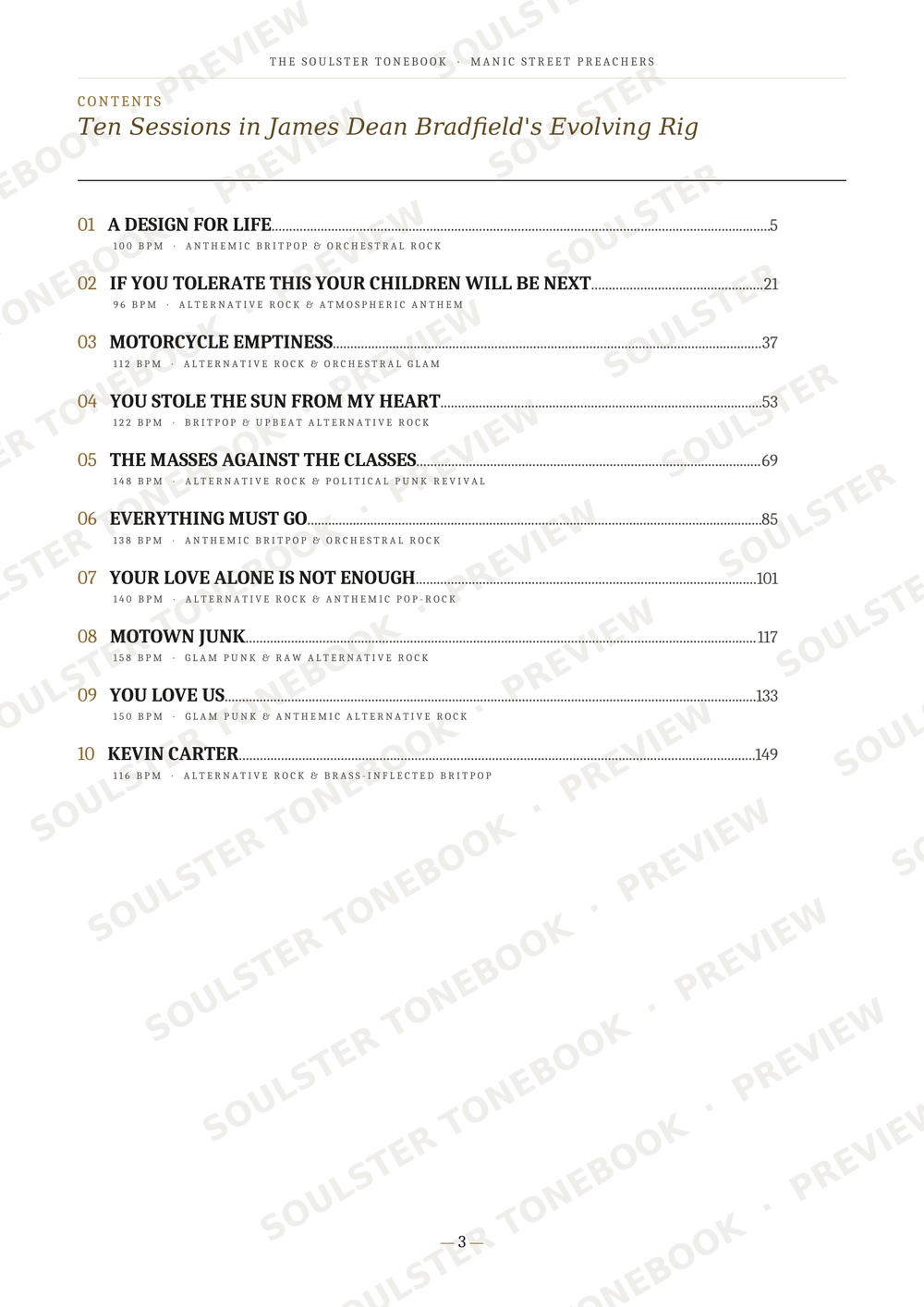 A printed table of contents page from a book titled 'Ten Sessions in James Dean Bradfield's Evolving Rig' by The Soulster Toneworks, showing chapter headings, page numbers, and a list of songs with faint diagonal watermarks across the page.