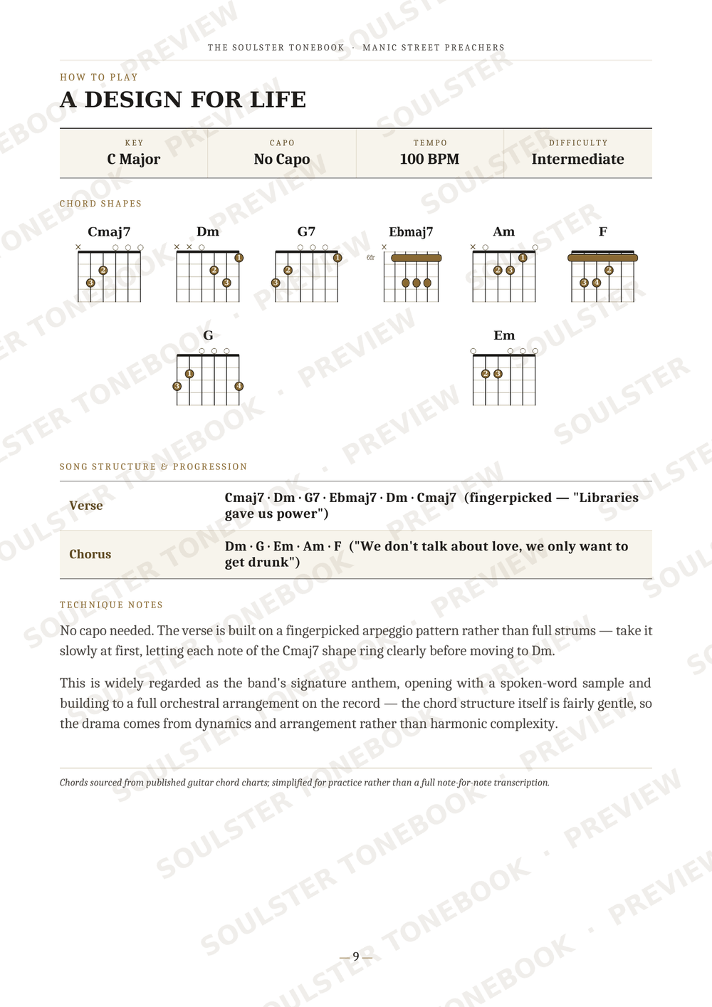 A guitar chord and song structure reference page titled 'A DESIGN FOR LIFE' with chord charts, song details for C Major, and lyrics notes on a white background with diagonal watermark text.