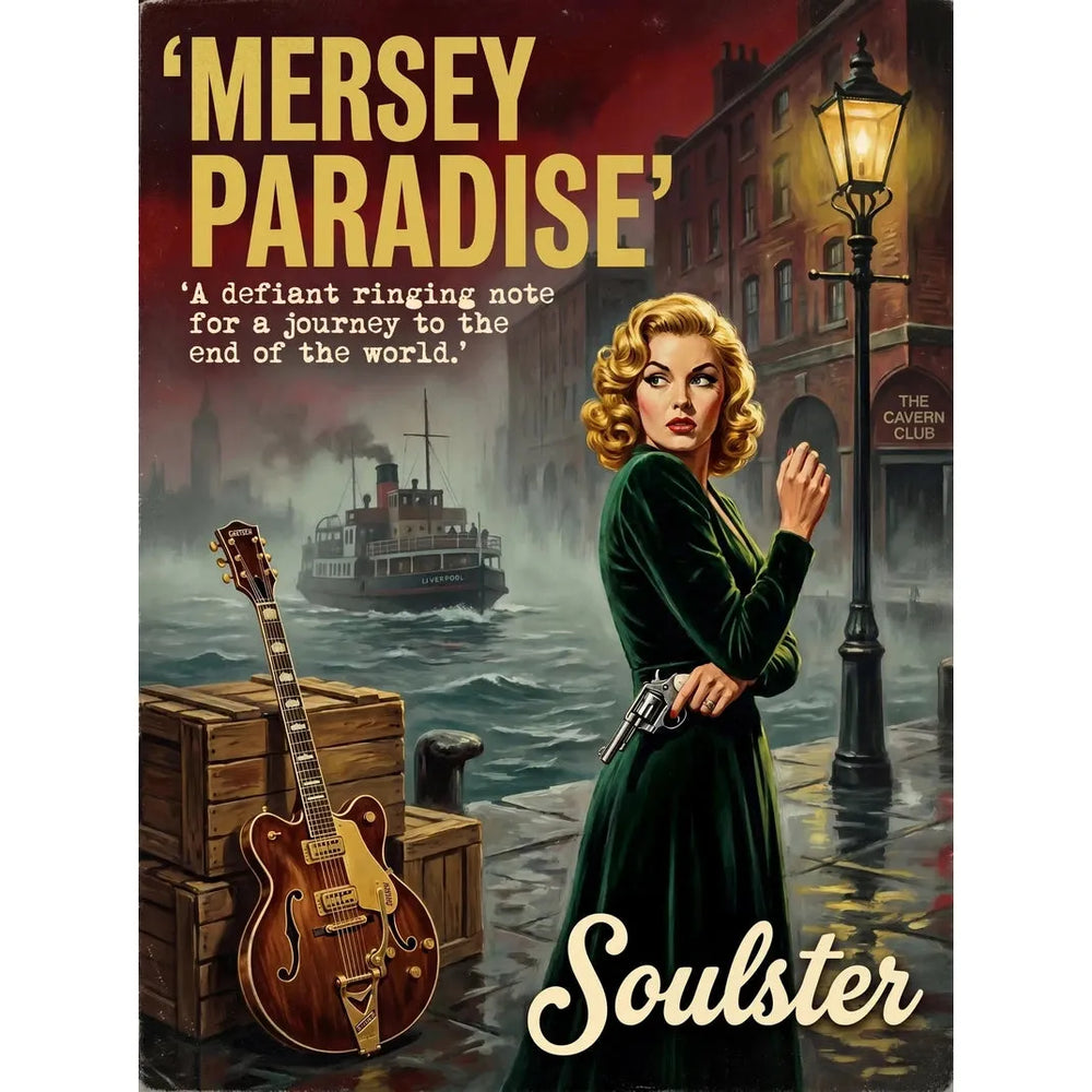 Soulster cinematic vintage pulp book cover art print illustration styled in a classic 1950s design layout inspired by Mersey Paradise.