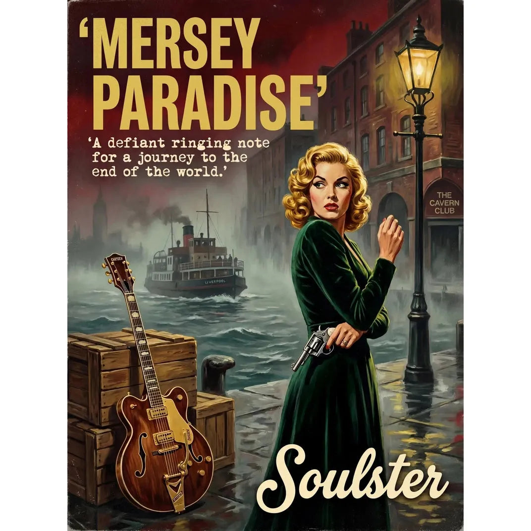 Soulster cinematic vintage pulp book cover art print illustration styled in a classic 1950s design layout inspired by Mersey Paradise.