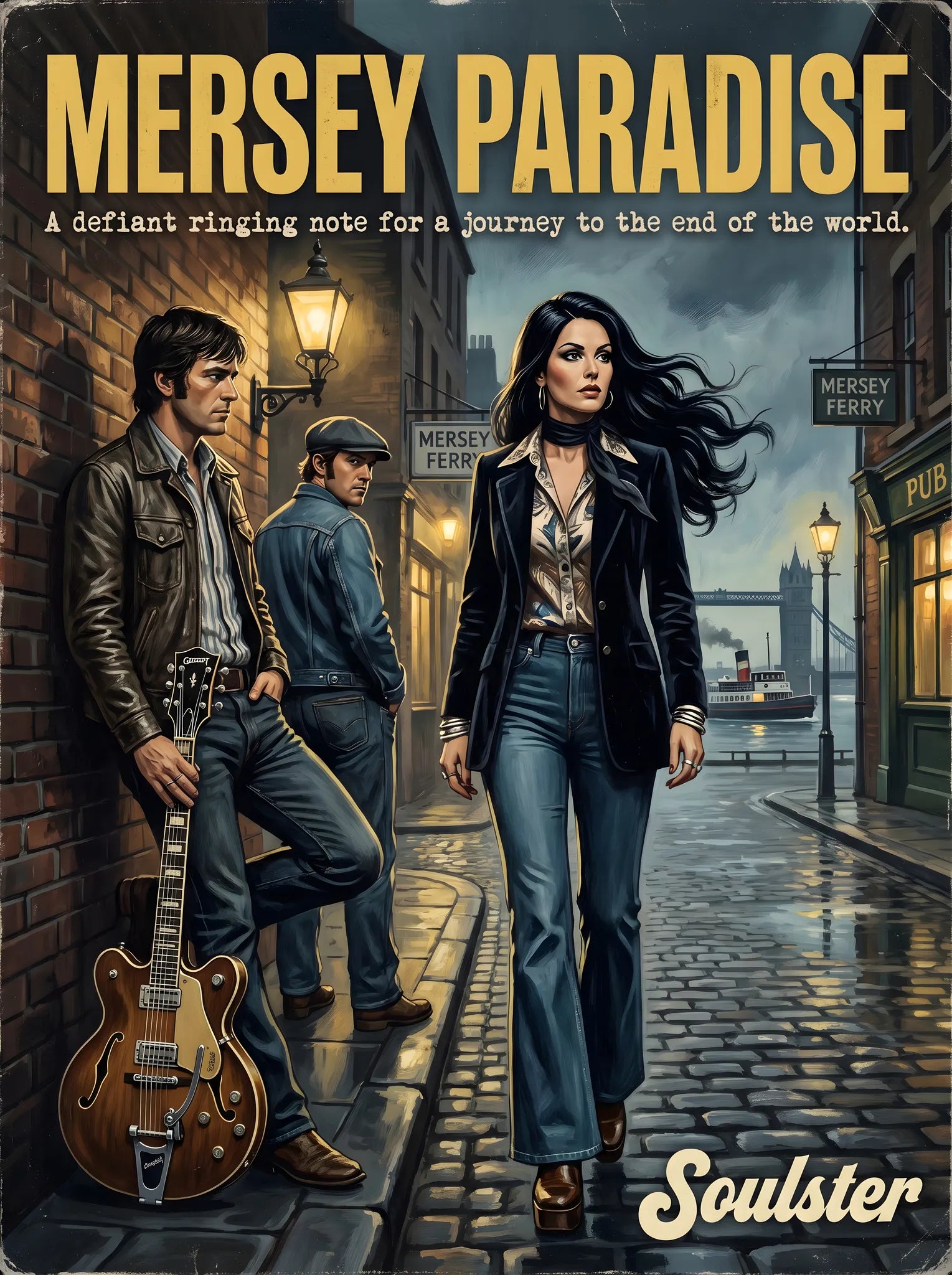 Soulster cinematic vintage pulp book cover art print illustration styled in a classic 1970s design layout inspired by Mersey Paradise.