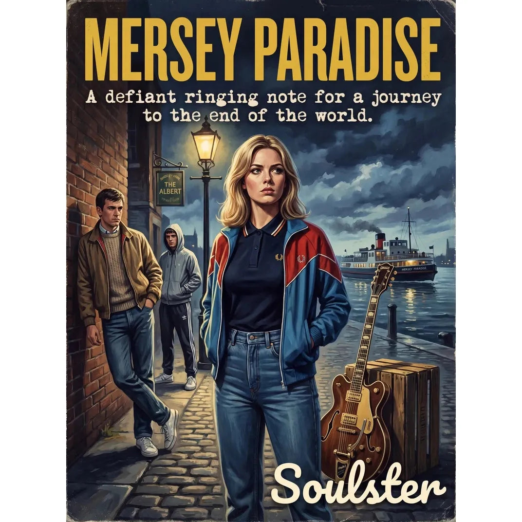 Soulster retro pulp thriller book cover style art print illustration inspired by The Stone Roses - Mersey Paradise.