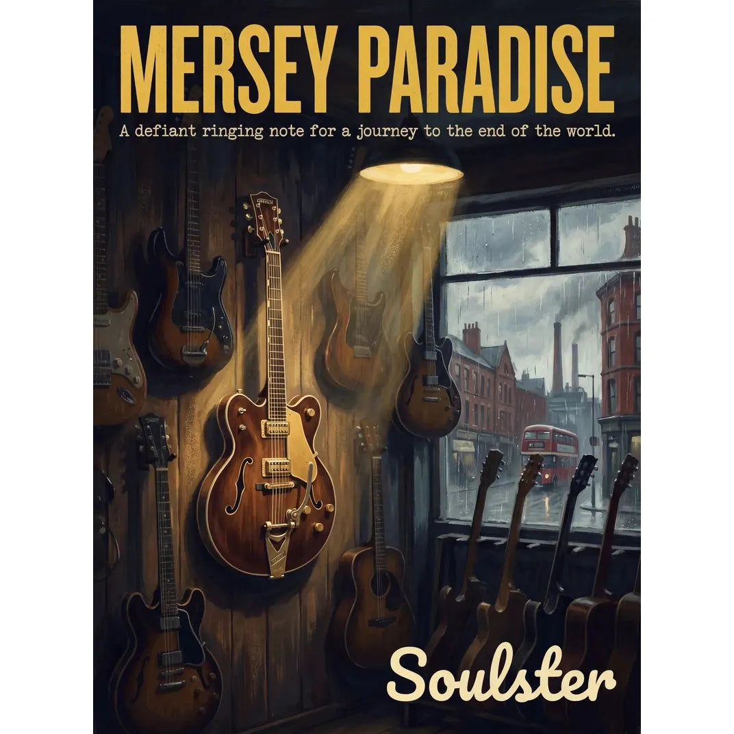 Soulster Manchester Edition wall art print showing a cinematic pulp style design of a Vintage Guitar inspired by Mersey Paradise.