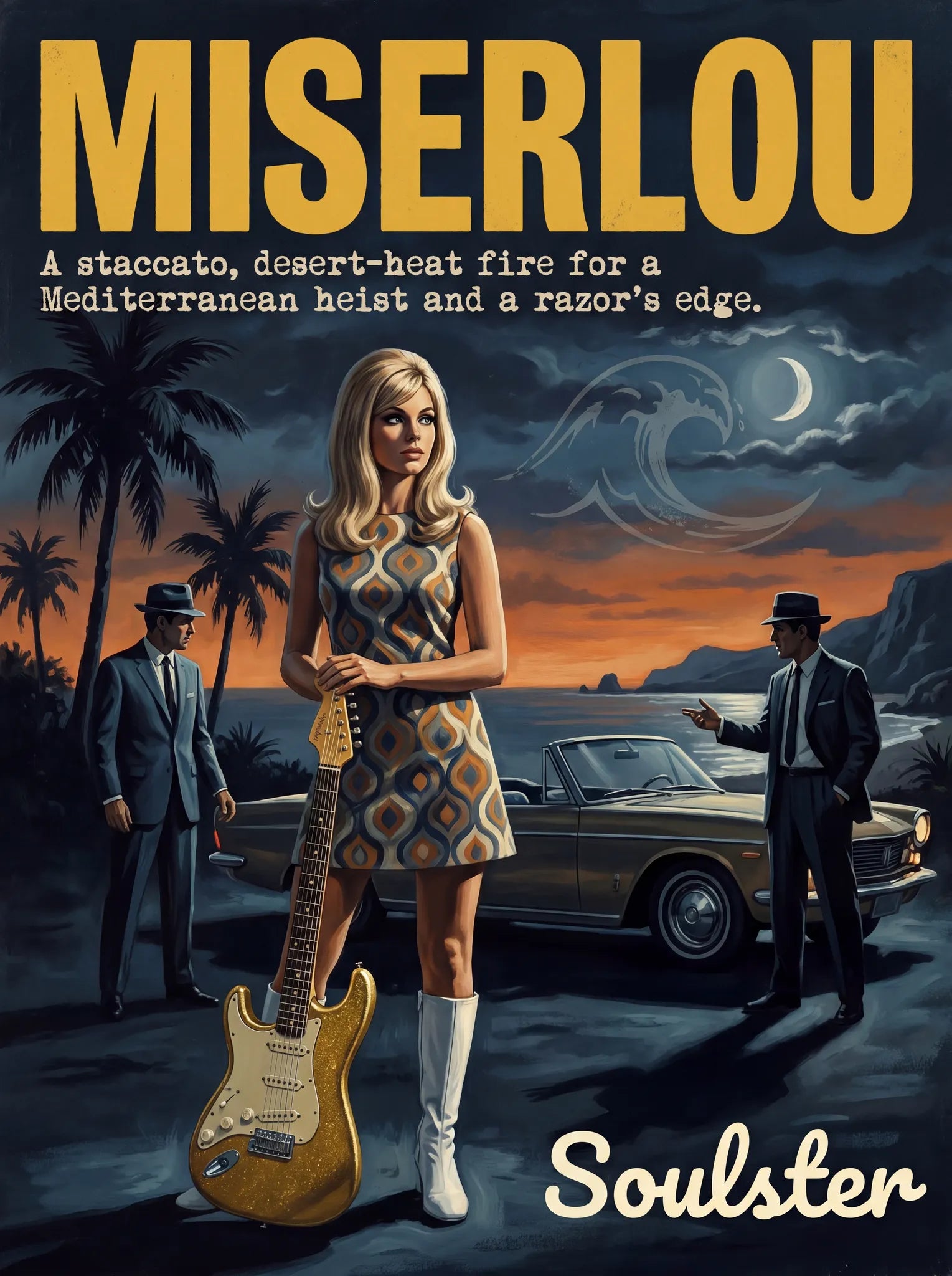 Soulster cinematic vintage pulp book cover art print illustration styled in a classic 1960s theme inspired by Miserlou.