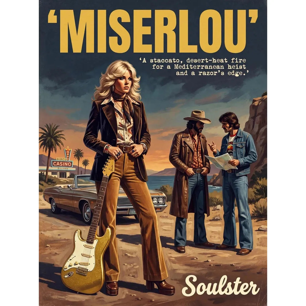 Soulster cinematic vintage pulp book cover art print illustration styled in a classic 1970s theme inspired by Miserlou.