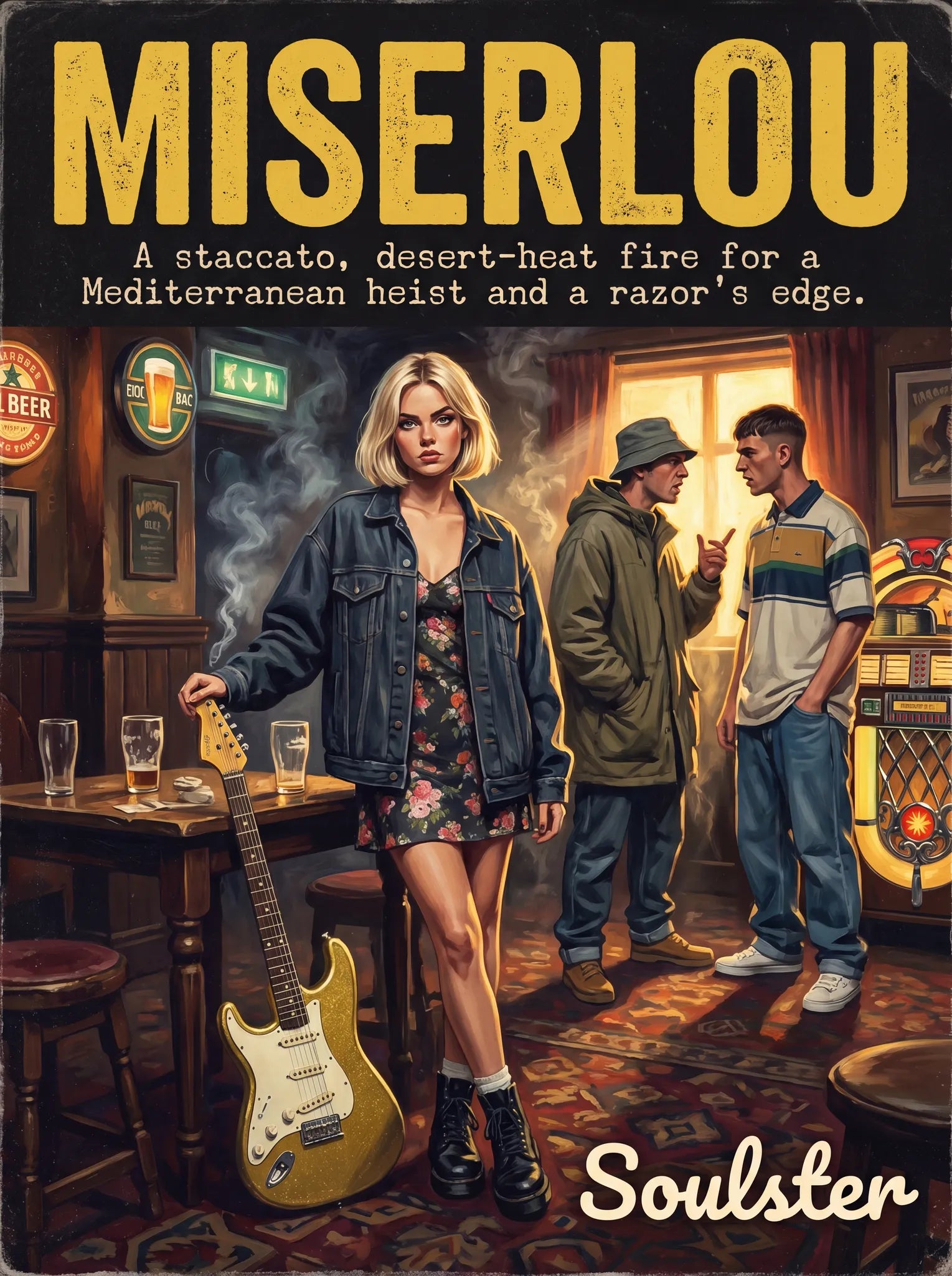 Soulster cinematic vintage pulp book cover art print illustration styled in a classic 1990s theme inspired by Miserlou.