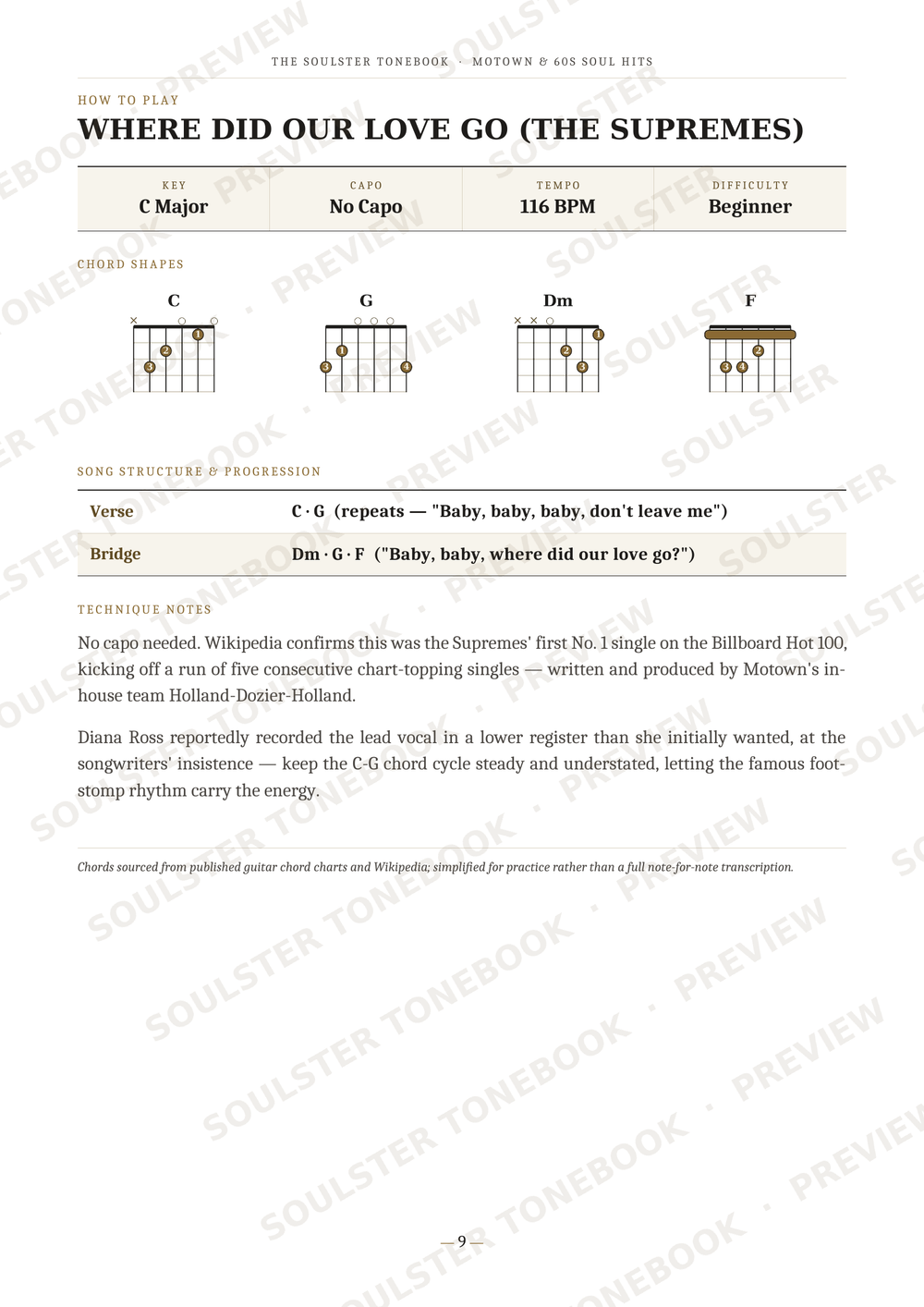 A printed or digital sheet music page for the song 'Where Did Our Love Go (The Supremes)' with chord diagrams, song structure, lyrics, and production credits. The page has a white background with black text and beige chart sections, overlaid with repeated 'SOULSTER TONEBOOKS PREVIEW' watermarks.