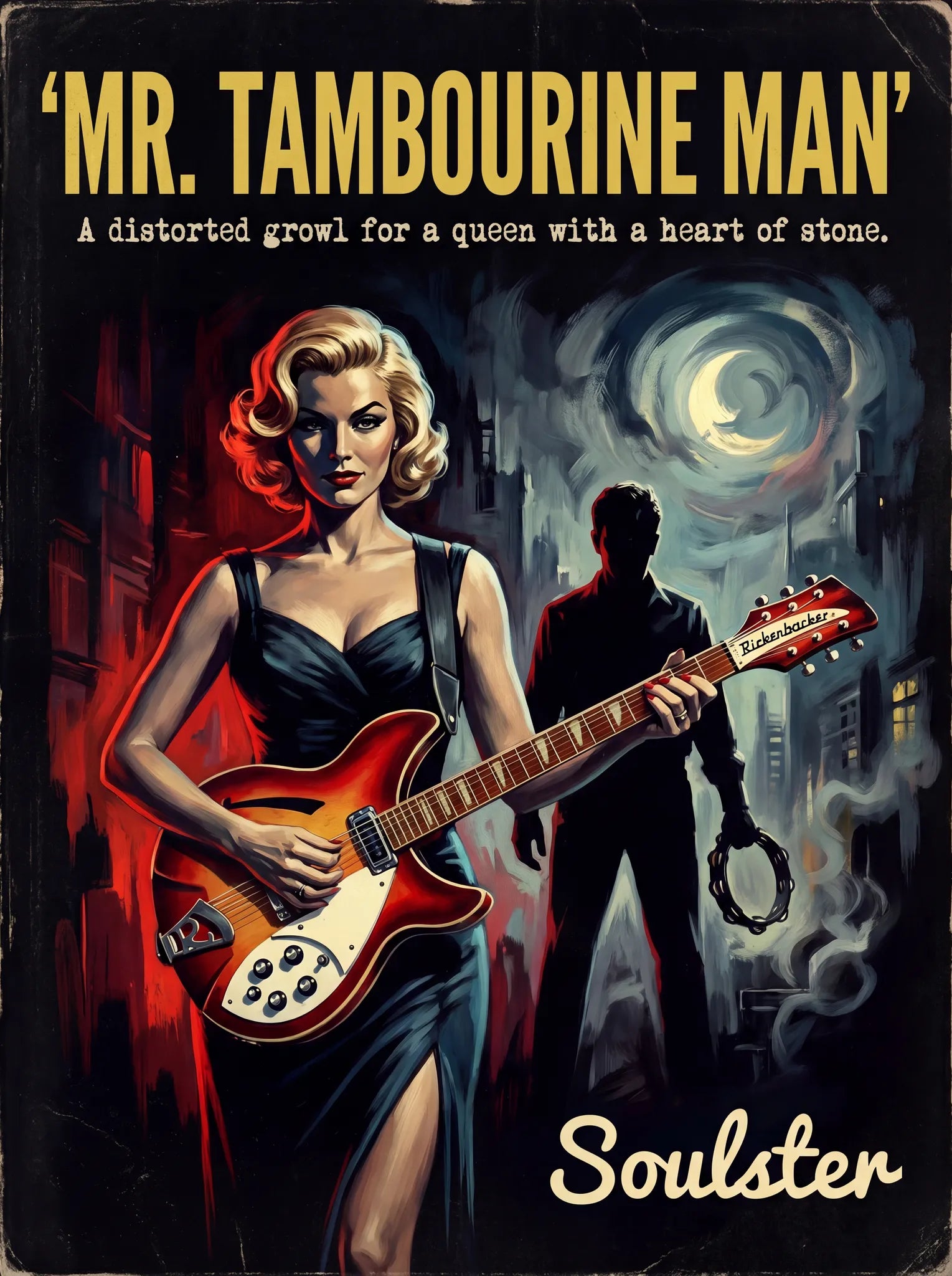 Soulster cinematic vintage pulp book cover art print illustration styled in a classic 1950s design layout inspired by Mr. Tambourine Man.